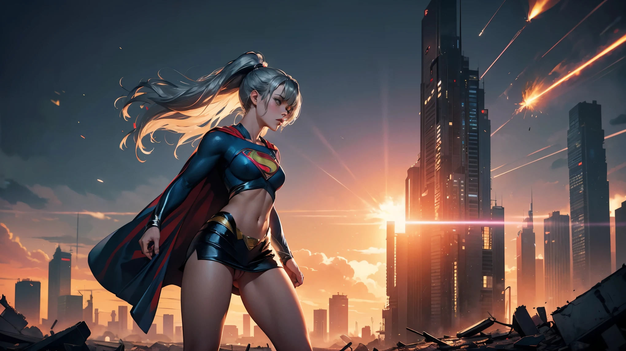 1girl, solo, action shots of female, blonde hair in a ponytail, ((wearing a skimpy revealing black and silver version of the evil superman suit man of steel)), skirt, no pants, skirt blowing in the wind revealing visible vagina,
small breasts, boob window, (explosions in the background a city in ruins), Style-BladeRunner2049-8v Intricate, High Detail, Sharp focus, dramatic,