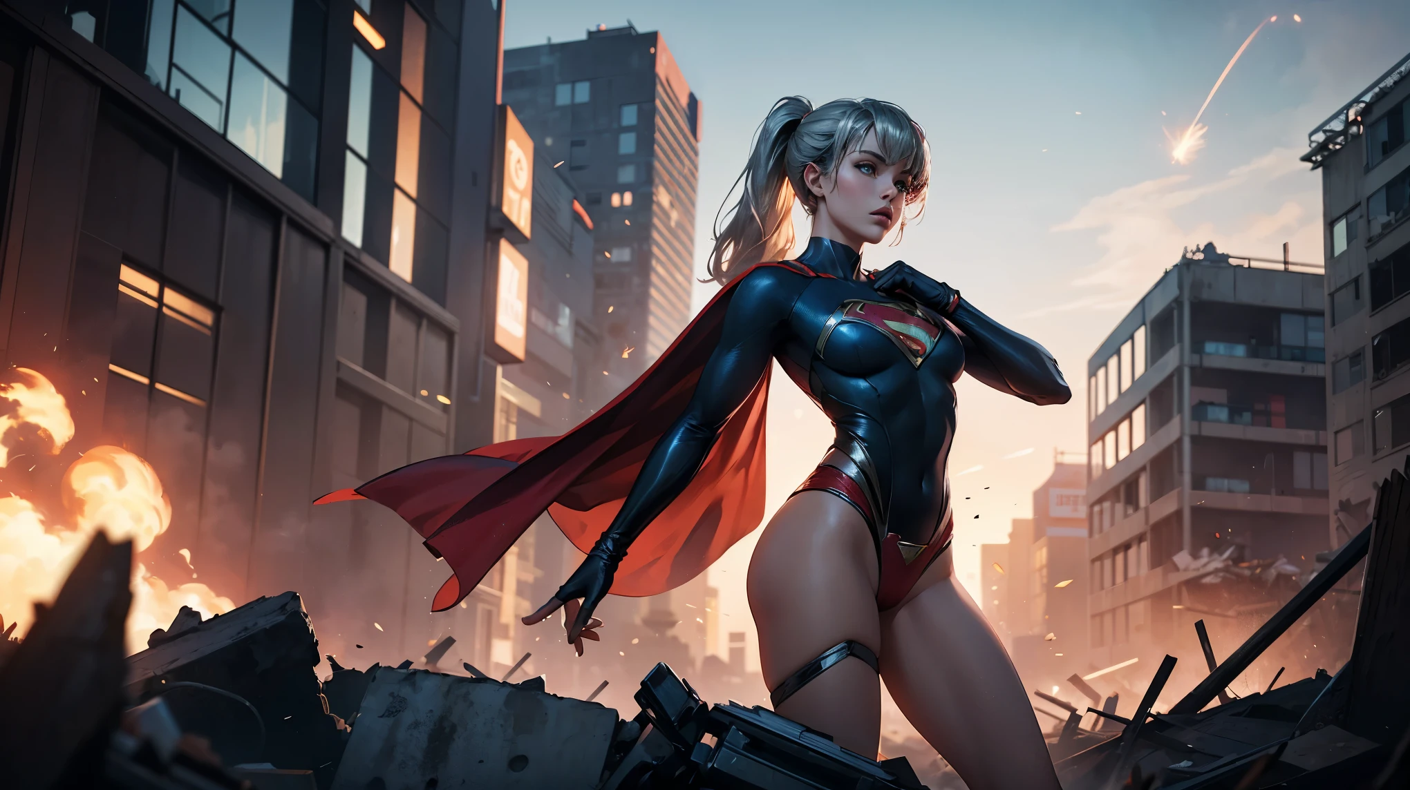 1girl, solo, action shots of female, blonde hair in a ponytail, ((wearing a skimpy revealing black and silver version of the evil superman suit man of steel)), skirt, no pants, skirt blowing in the wind revealing visible vagina,
small breasts, boob window, (explosions in the background a city in ruins), Style-BladeRunner2049-8v Intricate, High Detail, Sharp focus, dramatic,