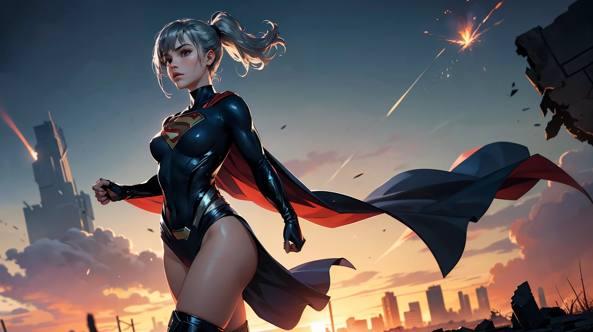 1girl, solo, action shots of female, blonde hair in a ponytail, ((wearing a skimpy revealing black and silver version of the evil superman suit man of steel)), skirt, no pants, skirt blowing in the wind revealing visible vagina,
small breasts, boob window, (explosions in the background a city in ruins), Style-BladeRunner2049-8v Intricate, High Detail, Sharp focus, dramatic,