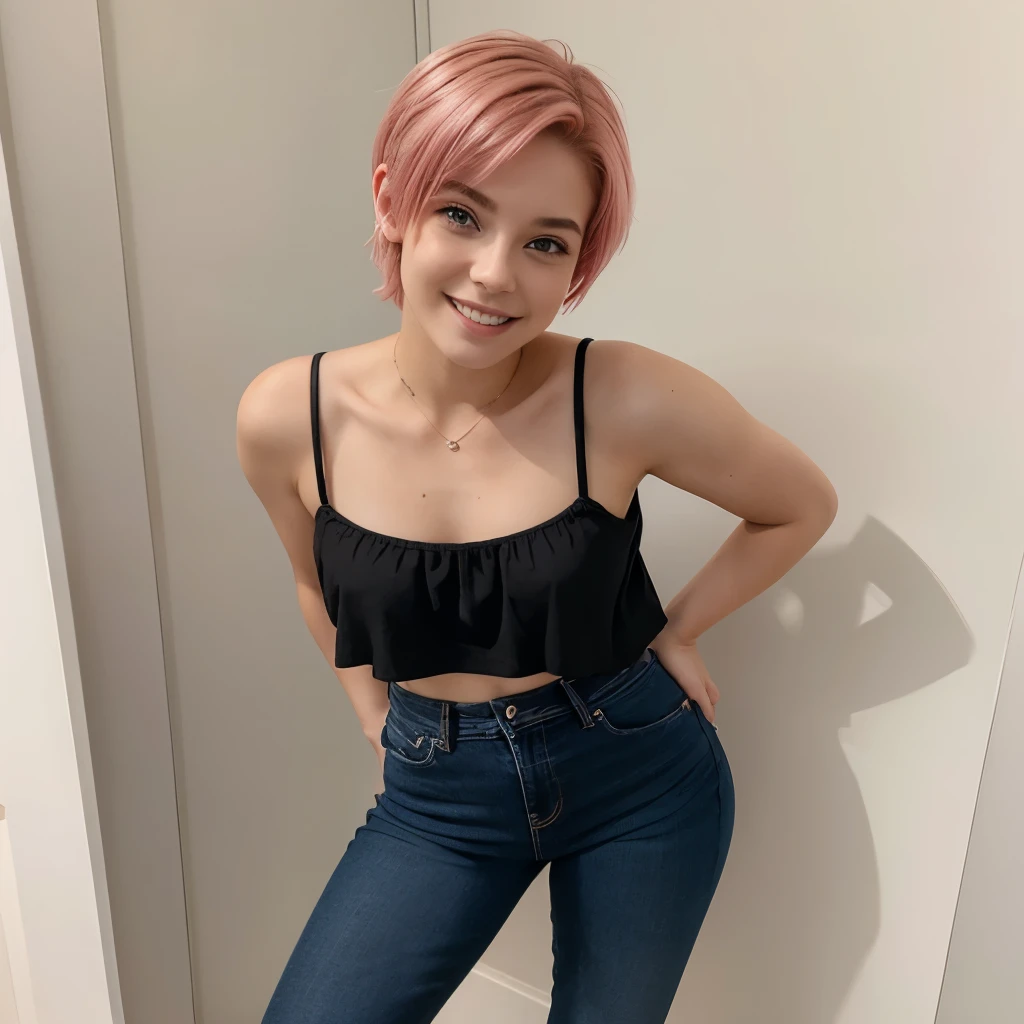 19- years old woman, short pink hair , smilling, black top, jeans