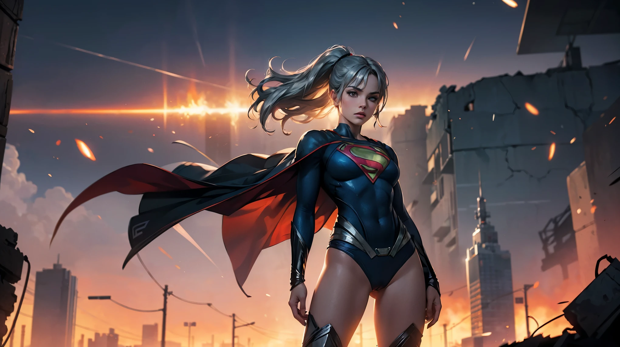 1girl, solo, action shots of female, blonde hair in a ponytail, ((wearing a skimpy revealing black and silver version of the evil superman suit man of steel)), skirt, no pants, skirt blowing in the wind revealing visible vagina, 
 small breasts, boob window, (explosions in the background a city in ruins), Style-BladeRunner2049-8v Intricate, High Detail, Sharp focus, dramatic, 