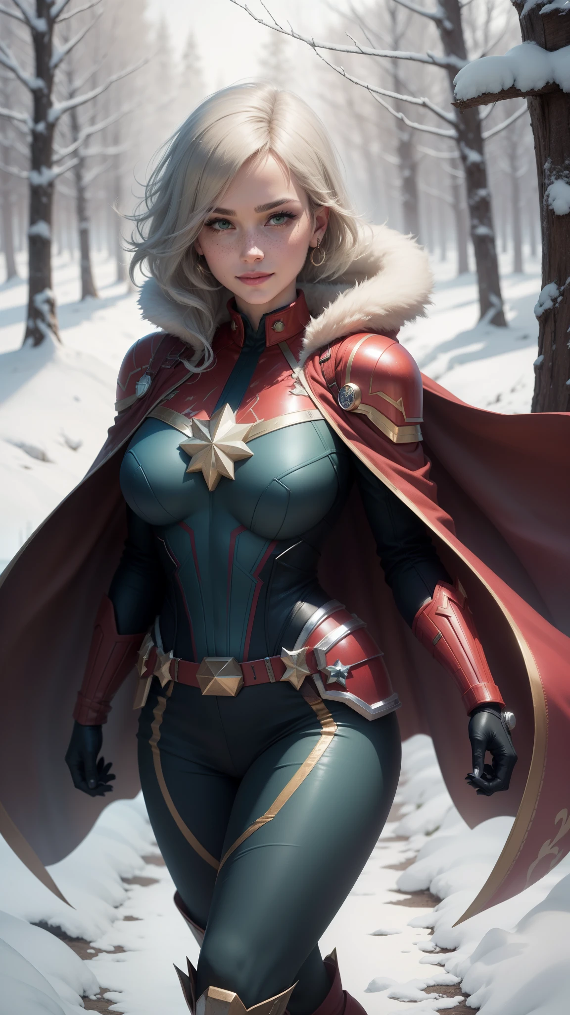 gwen tennyson,captain marvel,yorha 2b,solo girl,overwatch,atelier ryza,close up,winter forest,viking village,rune tattoos,fur and royal green plugsuit,winter viking linen shirt,royal green viking cape,spiked viking armor,viking linen pants,short viking hair,viking makeup,green eyes,multicolored silver hair, spiked gloves,sexy smile,freckles,beautiful girl,knee high spiked boots,large breasts,8k,ultra detailed,realistic,fantasy art,viking armor,hair pin,ear piercings,(weather:windy),1girl,viking axe,
