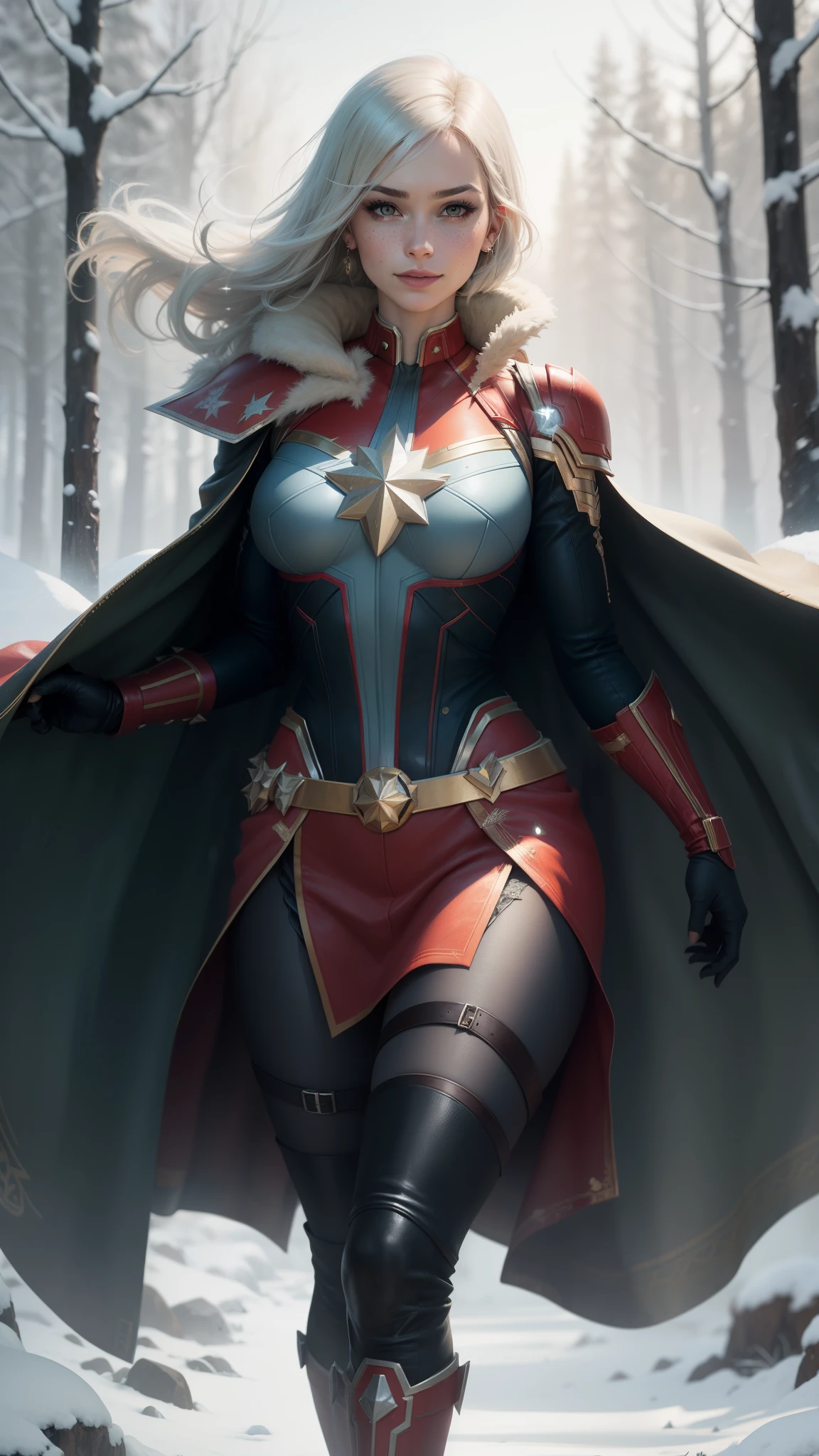 gwen tennyson,captain marvel,yorha 2b,solo girl,overwatch,atelier ryza,close up,winter forest,viking village,rune tattoos,fur and royal green plugsuit,winter viking linen shirt,royal green viking cape,spiked viking armor,tight mini skirt,short viking hair,viking makeup,green eyes,multicolored silver hair, spiked gloves,sexy smile,freckles,beautiful girl,knee high spiked boots,large breasts,8k,ultra detailed,realistic,fantasy art,viking armor,hair pin,ear piercings,(weather:windy),1girl,viking axe,
