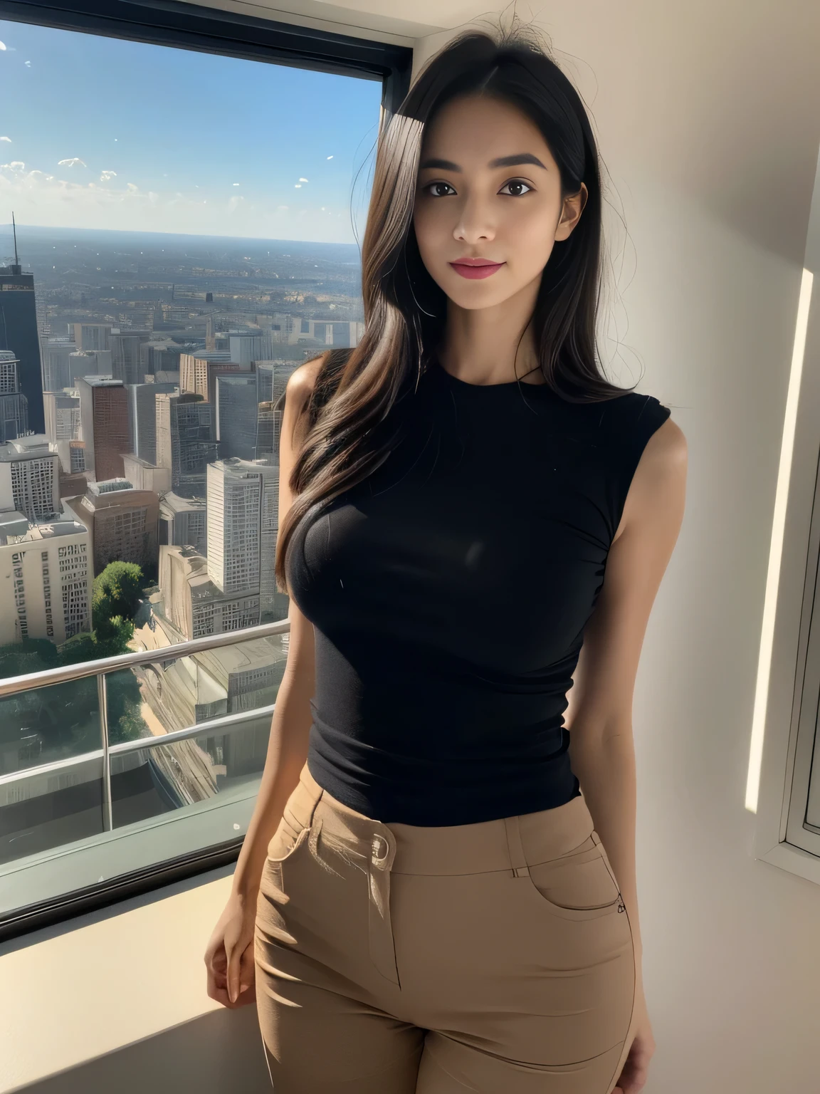 ((Italian tanned skin, black hair Attractive Italian 25 year old women)), ((Its beauty is undeniable)), ((Excited cute face)), ((Hyper Detailed Brown Eyes,)), ((Pose mignonne)), sexy, porter un t-shirt noir sur un pantalon marron, (( cheveux longs,)), (( peau)), ((assis, Vue de face)), ((toucher ses propres jambes dans une pose sexy)), watch the sears tower in chicago, Sharp Focus CGI, photoreallistic, High detail, Realstic, Apparent facial defects, moles, Best quality, Hdr, High quality, high-definition, Extremely detailed, 8k wallpaper, Intricate details, 8K UHD, Full-HD, (photo realist:1.2), contraste, intense illumination, lighting cinematic, natural lighting, hard light, contre-jour, Illumination globale, occlusion ambiante, sein moyen 2.0