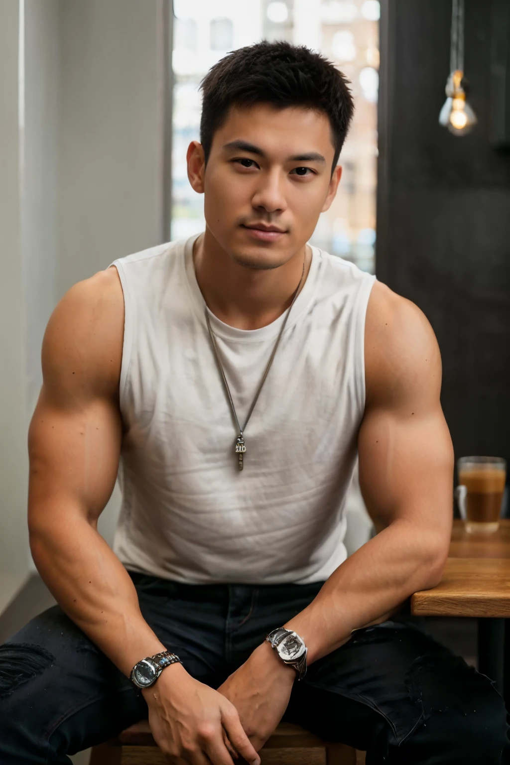 1man,
a 25 y.o muscular male Sitting in a cafe wearing a plain black t-shirt and wearing a titanium chain necklace, holding a coffee cup, Wearing black jeans, full body shoot,
soft lighting,
best quality, 8k uhd, dslr, film grain, Fujifilm XT3 photos, realistic, details, RAW
