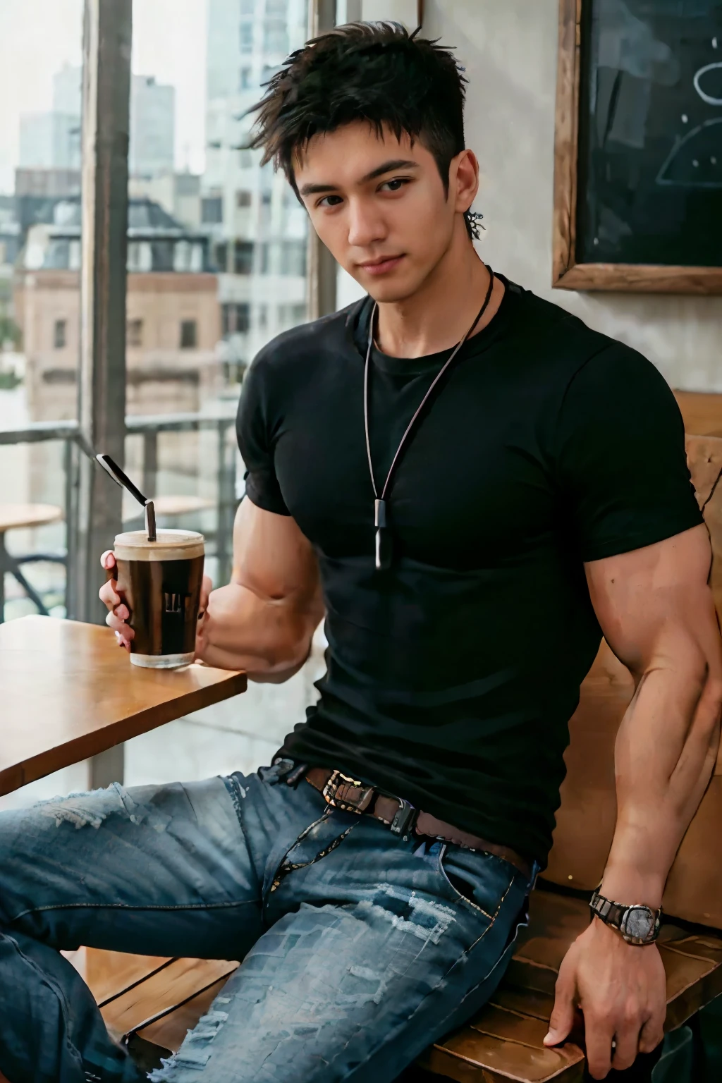 1man,
a 25 y.o muscular male Sitting in a cafe wearing a plain black t-shirt and wearing a titanium chain necklace, holding a coffee cup, Wearing black jeans, full body shoot,
soft lighting,
best quality, 8k uhd, dslr, film grain, Fujifilm XT3 photos, realistic, details, RAW