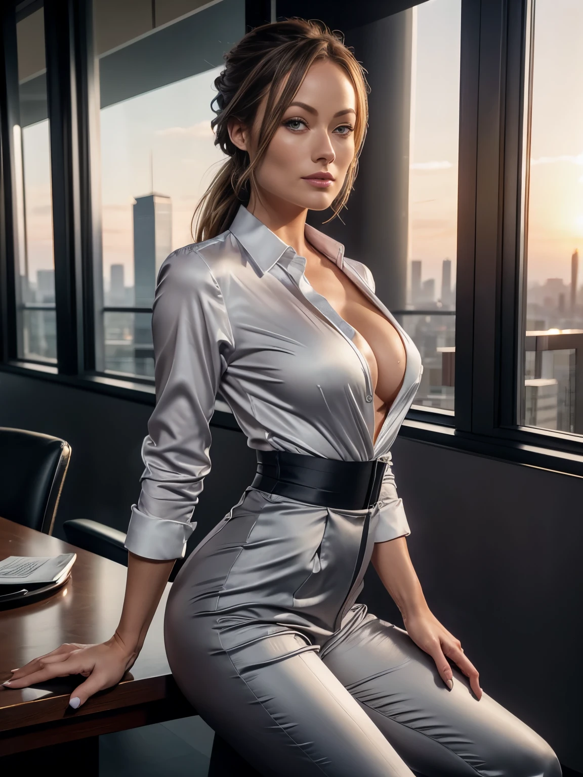 Olivia Wilde as corporate lady, grey satin formal trousers, satin white shirt, open unbuttoned coat, high heels, athletic milf figure, open hair, perfect hands, detailed hands, seductive pose infront of a highrise window, sunset scene, hourglass figure, fit, seductive face, look at camera and wink, soft volumetric lights, intricate details, (ArtStation:1.2)