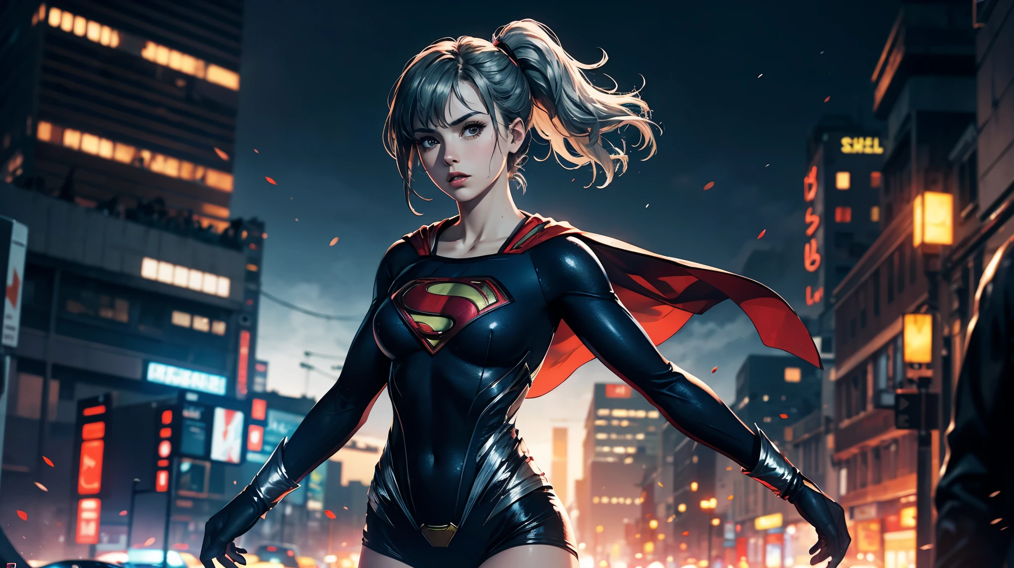 1girl, solo, action shots of female, blonde hair in a ponytail, ((wearing a skimpy revealing black and silver version of the evil superman suit man of steel)), skirt, no pants, skirt blowing in the wind revealing visible vagina,
small breasts, boob window, (explosions in the background a city in ruins), Style-BladeRunner2049-8v Intricate, High Detail, Sharp focus, dramatic,