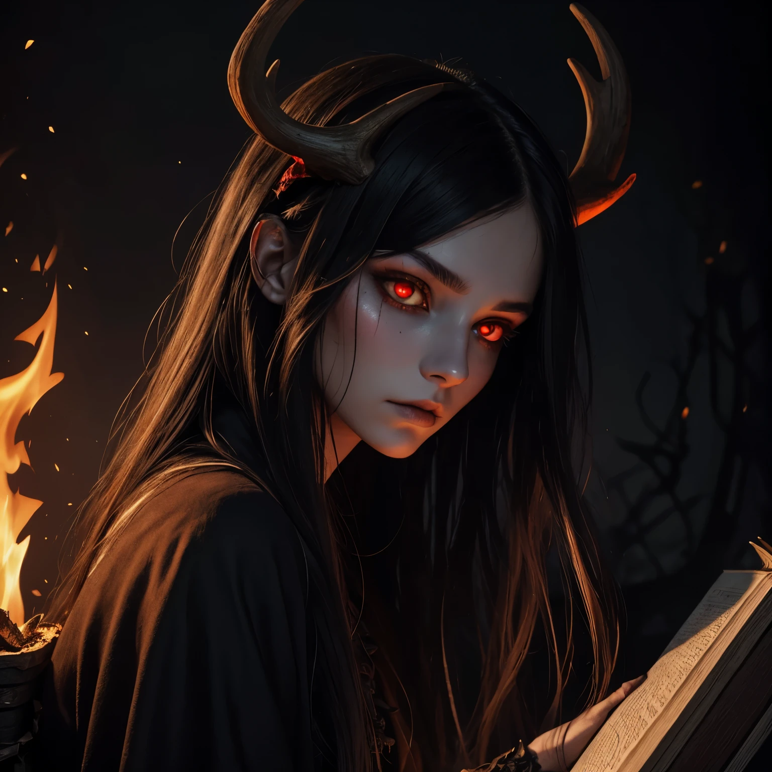 dark, unholy, evil, astral, creepy style, undead, rotting skin, mystical, nice perfect face with soft skin, young beautiful girl portrait, book on fire, burning book, night, long hair, antlers, red eyes, from side, red glow