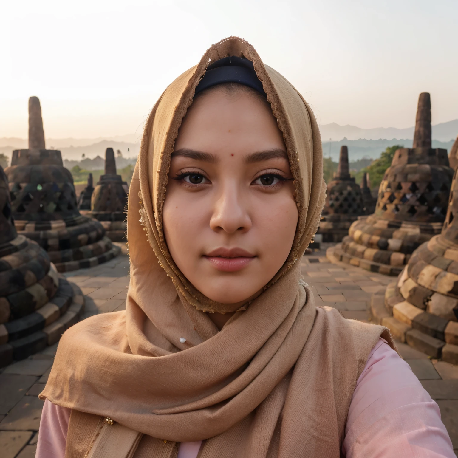 arafed woman in a headscarf standing in front of a row of stui - shans, 8k selfie photograph, with sunset, temples behind her, face with artgram, during sunset, at borobudur, selfie of a young woman, portait photo profile picture, with accurate face, traditional beauty, with beautiful exotic, beautiful image, selfie, hijab