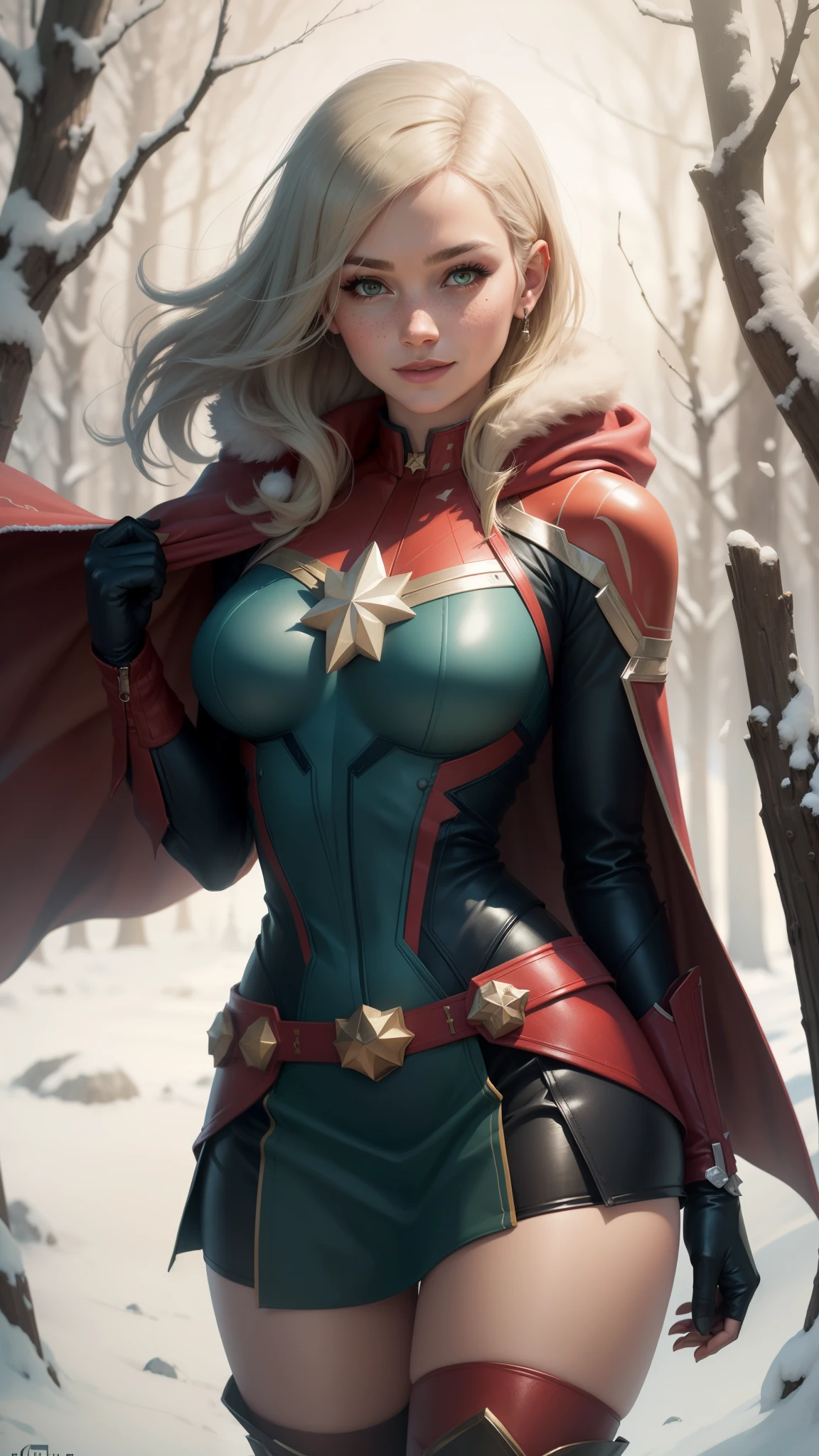 gwen tennyson,captain marvel,yorha 2b,solo girl,overwatch,atelier ryza,close up,winter forest,viking village,rune tattoos,fur and royal green plugsuit,winter viking linen shirt,royal green viking cape,spiked viking armor,tight mini skirt,short viking hair,viking makeup,green eyes,multicolored silver hair, spiked gloves,sexy smile,freckles,beautiful girl,knee high spiked boots,large breasts,8k,ultra detailed,realistic,fantasy art,viking armor,hair pin,ear piercings,(weather:windy),1girl,viking axe,