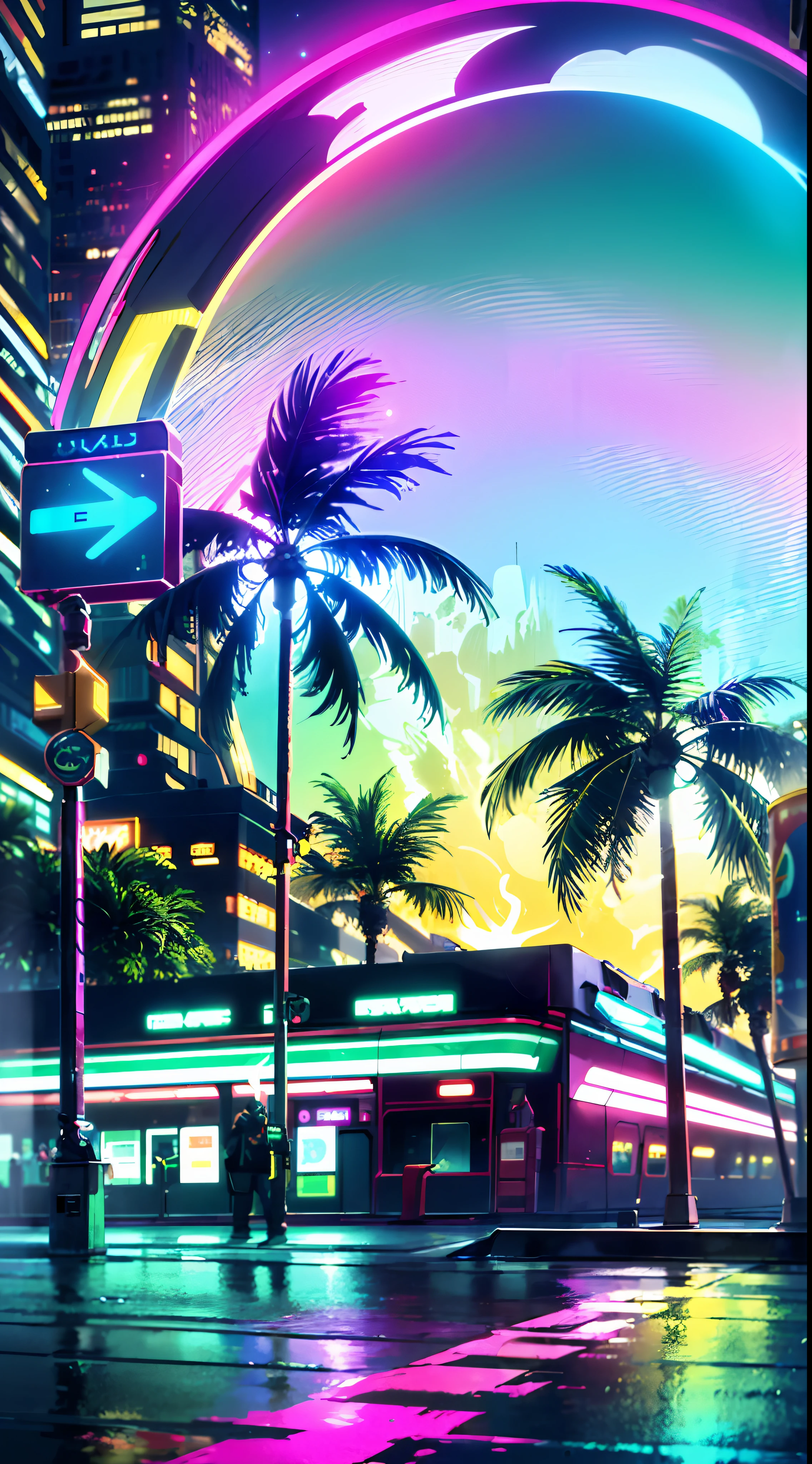 (chef-d&#39;artwork, detailed, high resolution:1.4), moon reflected, Former, open and wet road, transformateur, Cyberpunk, Cyberpunk 2077, Cyberpunk night city neon background, mer, plage, Palmiers, effet glitch vert-bleu, purple pink neon glow, jaune fluo, Vert clair, VIOLET, Comme