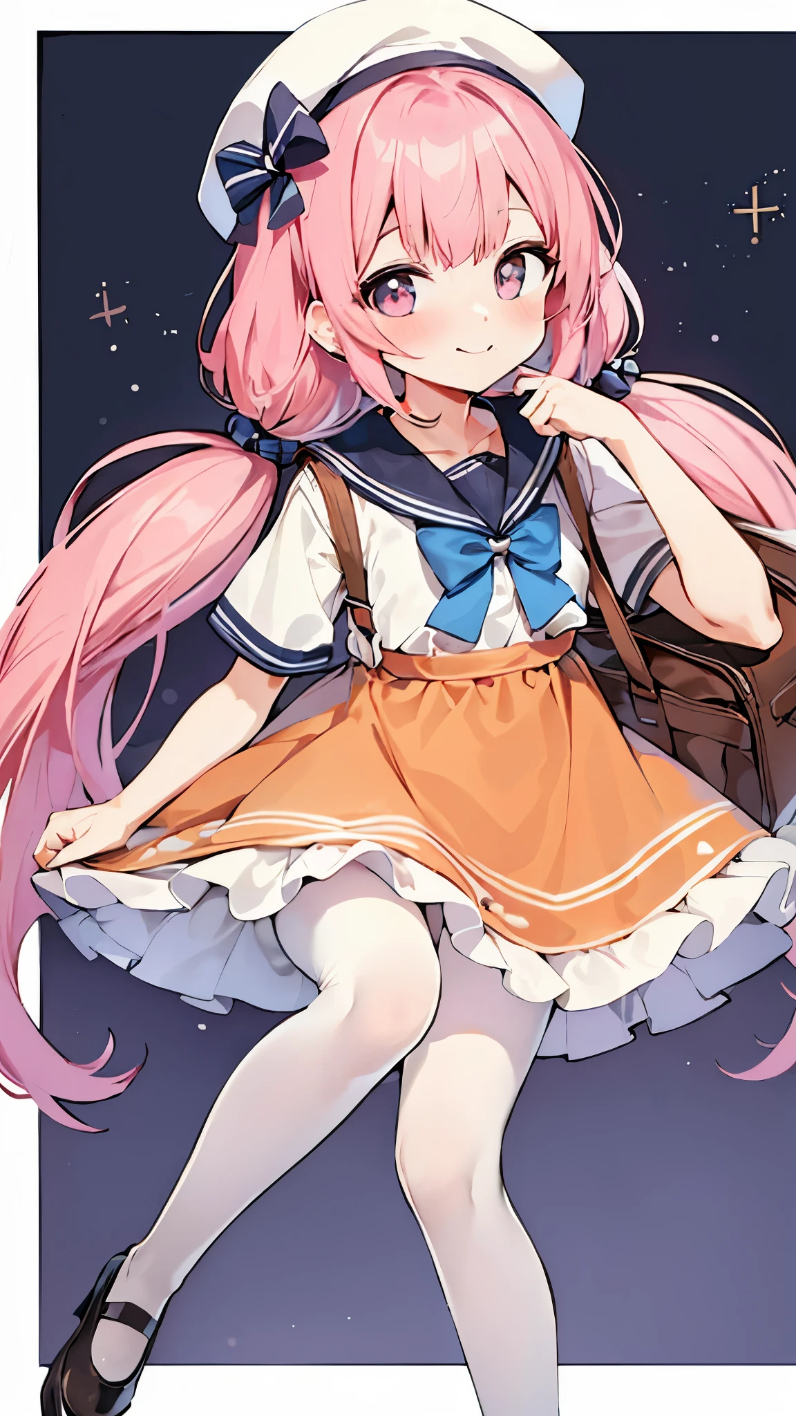 （Brown jeans：1.8），（short skirt：1.6），（There are pumpkin pants under the skirt：1.5），hair bow，（blue，pink eyes，Gradient pupils：1.8），（shorts：1.8），Small dress，low twin，low twintails，whole body，（7-year old：1.8），（Big head：1.4），（Horse oil socks：1.8），（white pantyhose：1.8），（sailor hat：1.4），（Extra-long dispersion：1.5），Mary Jane shoes，leather shoes，little girl，Suspenders，（pink hair：1.4），mouth hold，smile，Carrying a bag，bow hairband，high details，high quality，super detail