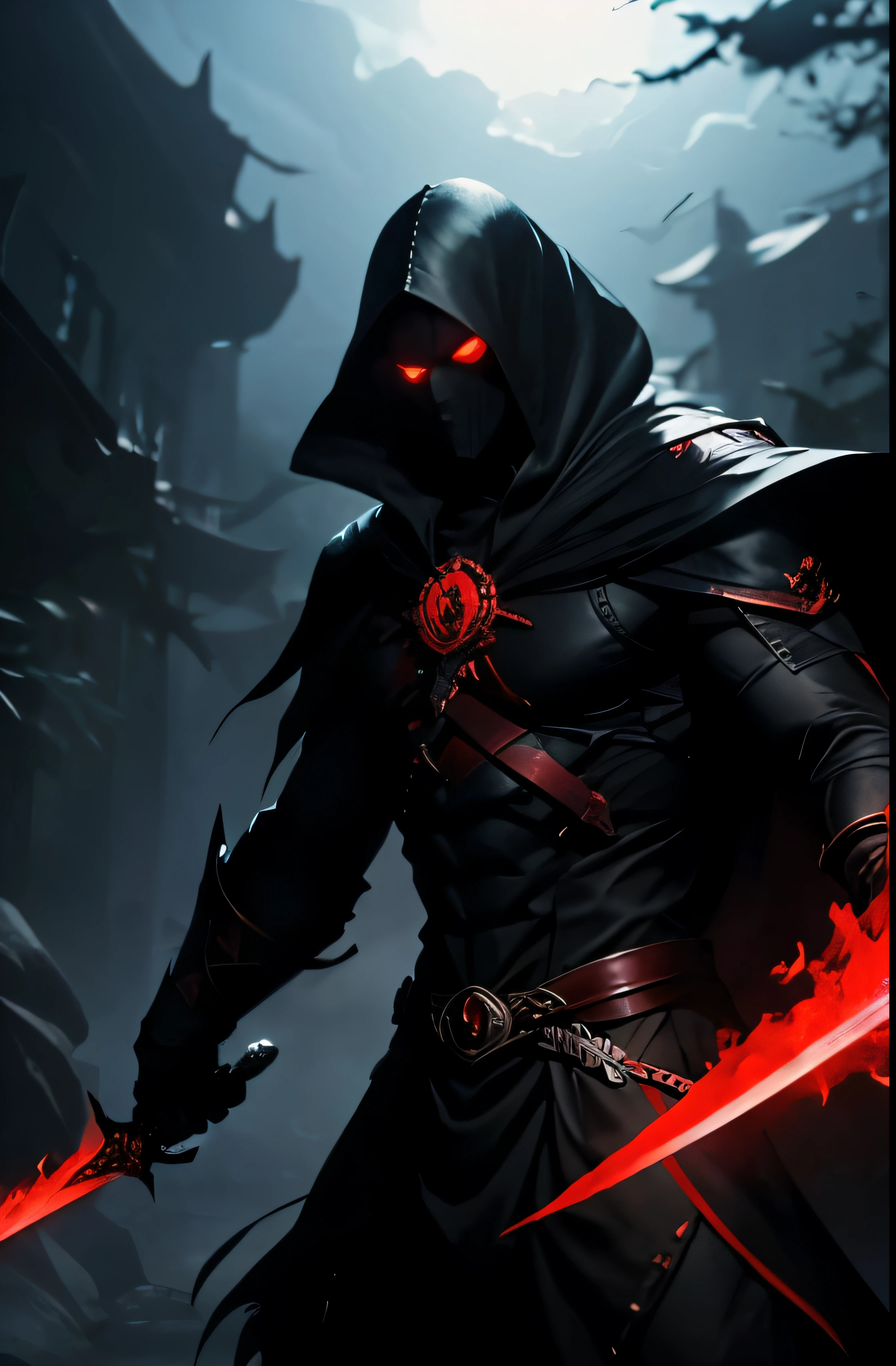 um monstro em forma de sombra, olhos vermelhos, segurando uma espada brilhante, aura, o monstro parece fraco
