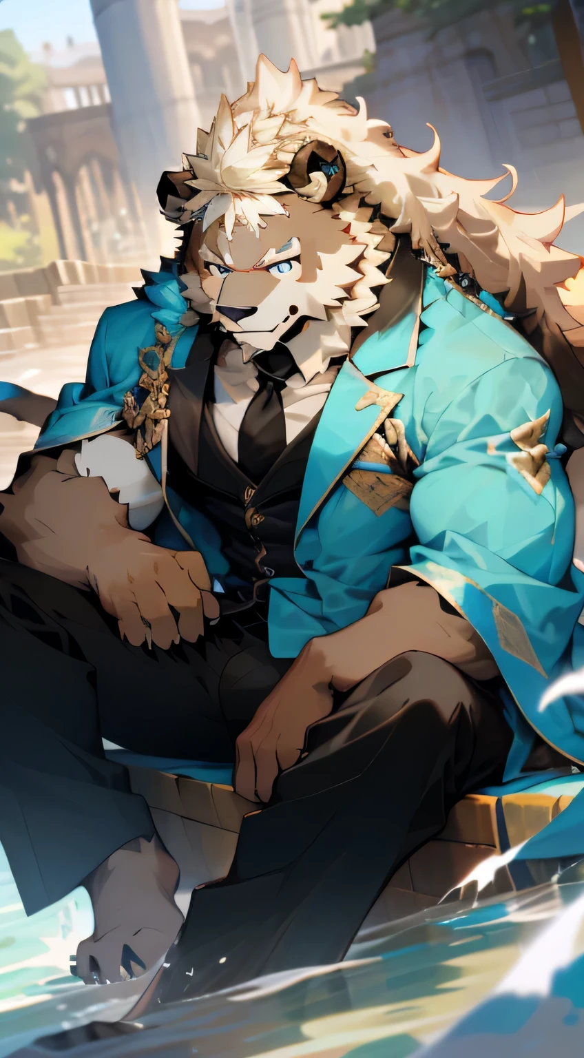 男人都有Bear脸, Bear, Light brown fur,light blue eyes , , happy expression,light blue eyes,, wear black suit, Skin details, ,, Deviation trend, furry art, Hairy chest, furry beasts, furry characters, hairy body,The furry neck grinned,naked,King sitting naked on the throne