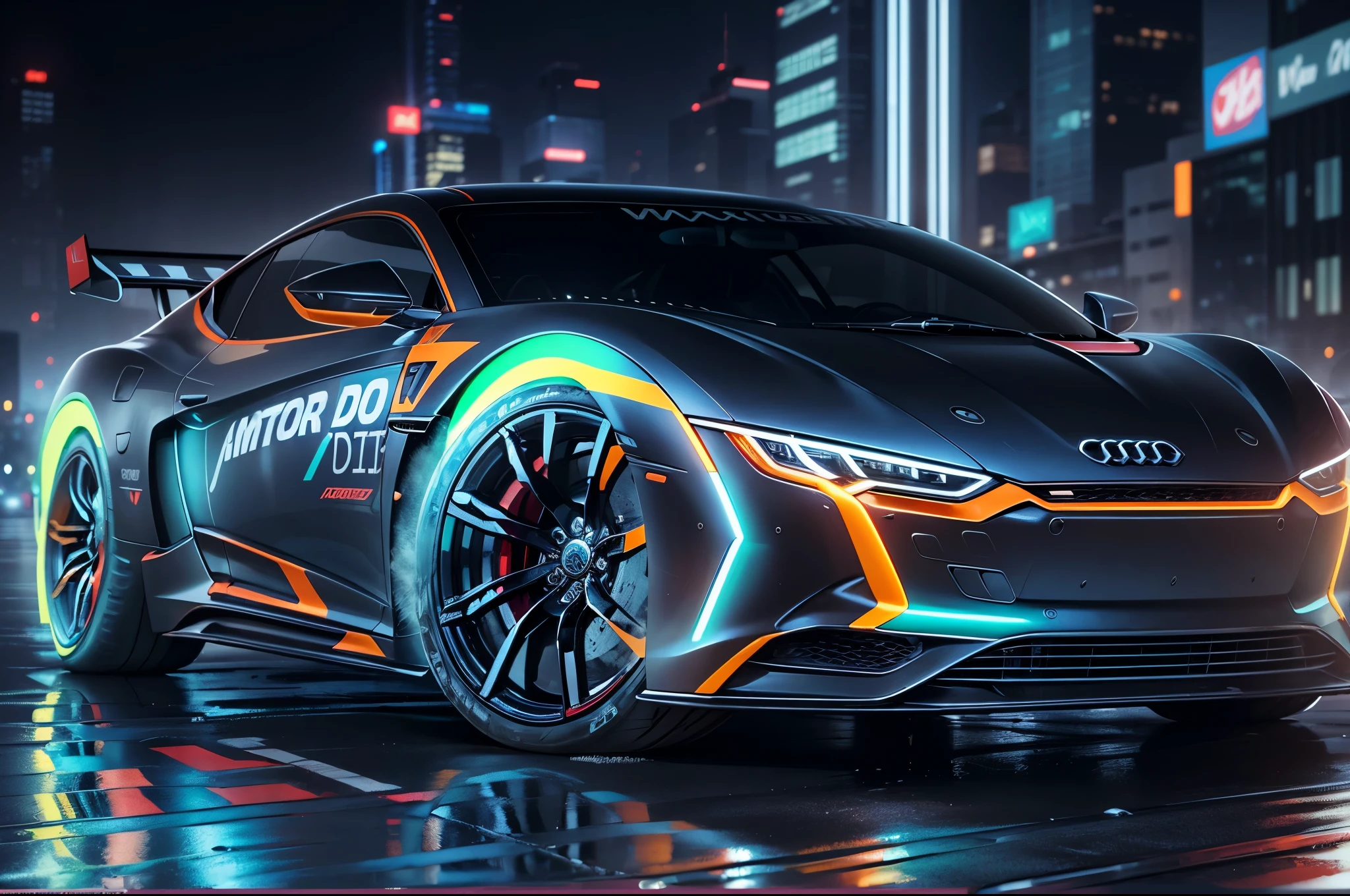Um carro futurista AUDI armado corre pela pista molhada e reflexiva, Spreading water on all sides of a cyberpunk city. The city is full of neon lights, nevoeiro e alto, angular buildings. The car is silver gray and has an aggressive and elegant appearance. The wheels are big and shiny and the tires are full of grooves. The body of the car is aerodynamic and has many straight and angular lines. The car is going very fast and the wind is blowing strong. The city lights are flashing and fog is moving down the runway. The car is in a world with its own speed and power
