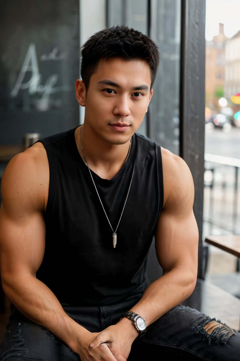 1man, 
a 25 y.o muscular male Sitting in a cafe wearing a plain black t-shirt and wearing a titanium chain necklace, holding a coffee cup, Wearing black jeans, full body shoot,
soft lighting, 
best quality, 8k uhd, dslr, film grain, Fujifilm XT3 photos, realistic, details, RAW