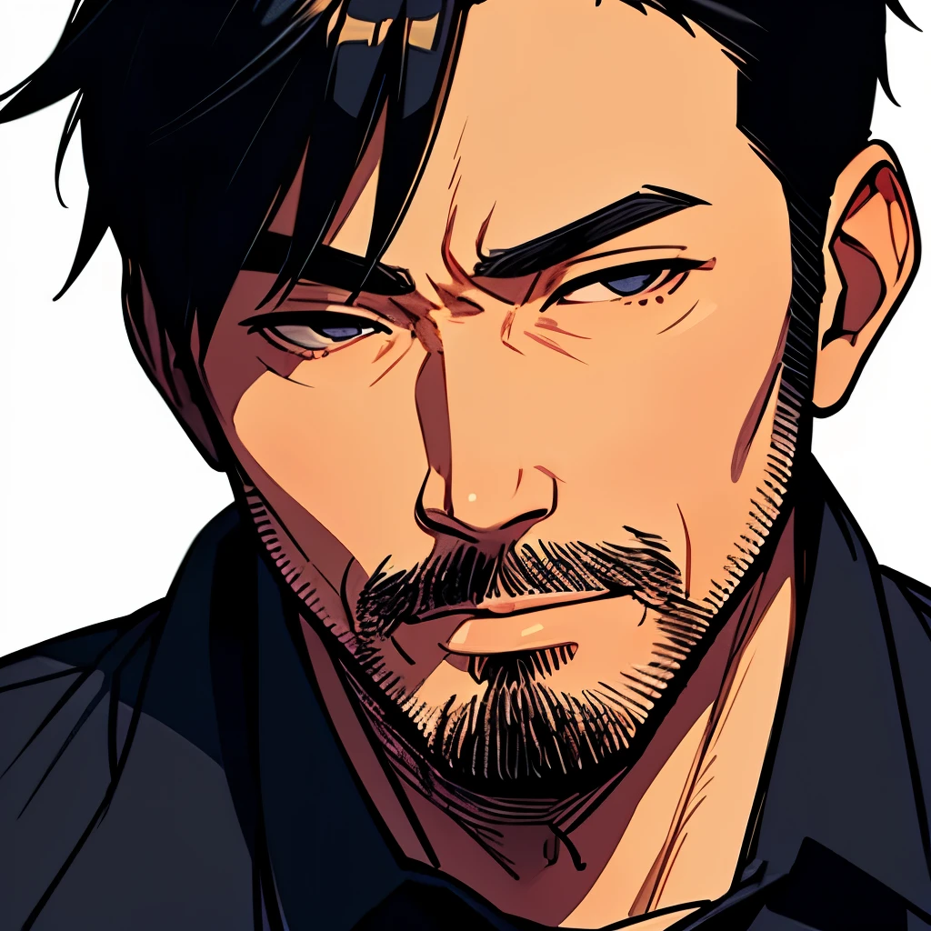 Ultra high quality, ultra clear detail, cartoonish style, a 40-year-old Chinese man, looking tired, short black hair, wearing leather, with a cigarette dangling from his mouth, a little beard, close-up half-body view, Makoto Shinkai style