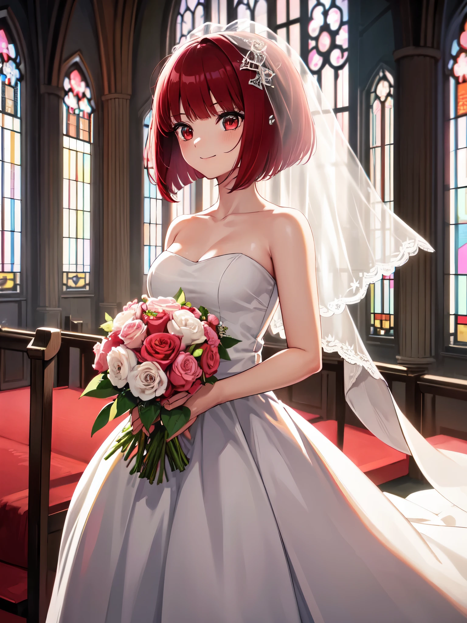 Kana Arima, Arima maybe, bob cut, (red eyes:1.5), redhead, short hair,
break indoors, church,
break (masterpiece:1.2), highest quality, High resolution, unity 8k wallpaper, (figure:0.8), (beautiful and fine eyes:1.6), highly detailed face, perfect lighting, Very detailed CG, (perfect hands, perfect anatomy), ,1 girl, alone, hair flower, wedding d again ss, Holding a bouquet of flowers in your hands, Chacha, smile, church, white bridal veil, Wedding dress, hair flower,