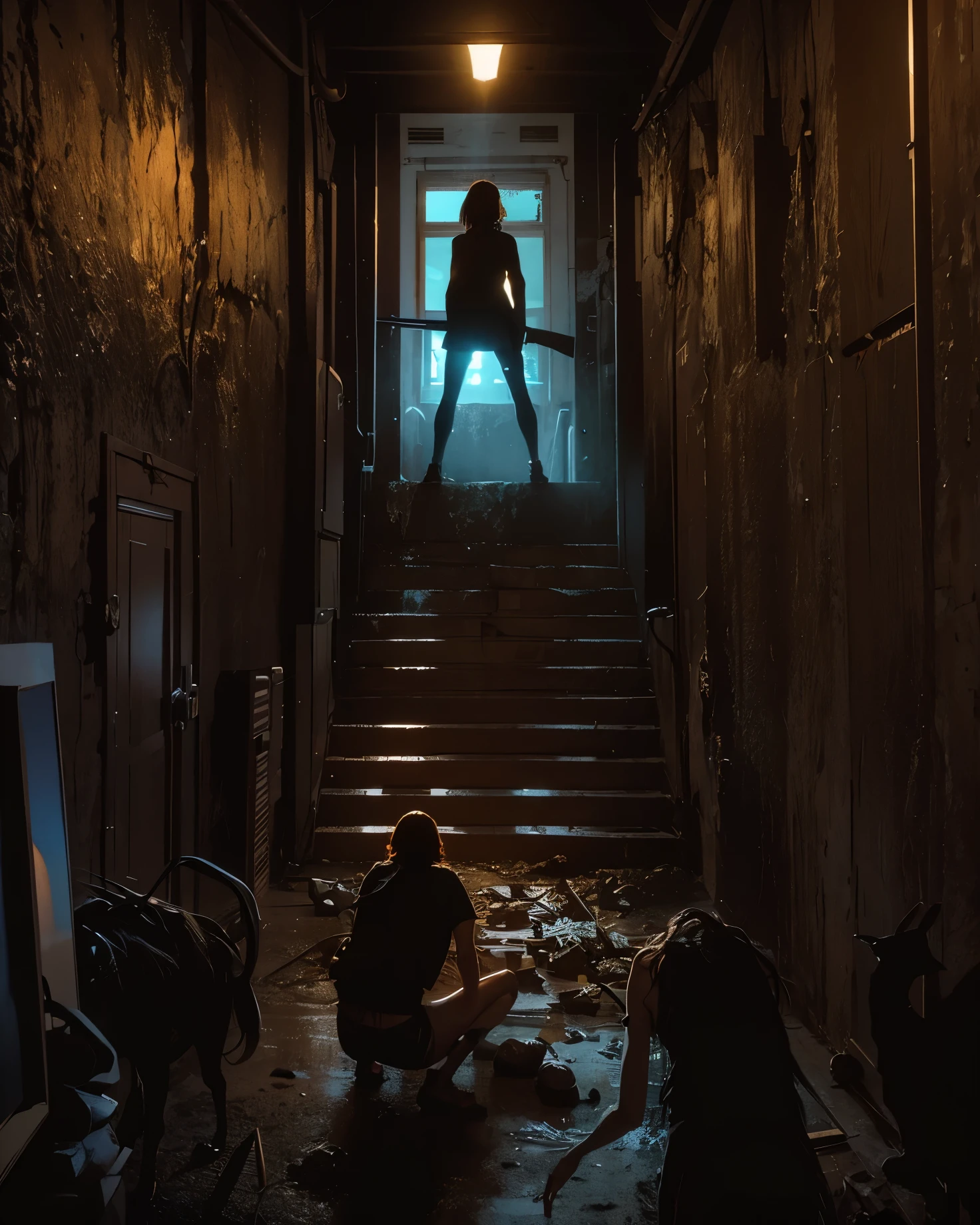 going down a corridor where there are monsters, Garota, monstros, colorido , sunset , sombra corretor, darkness