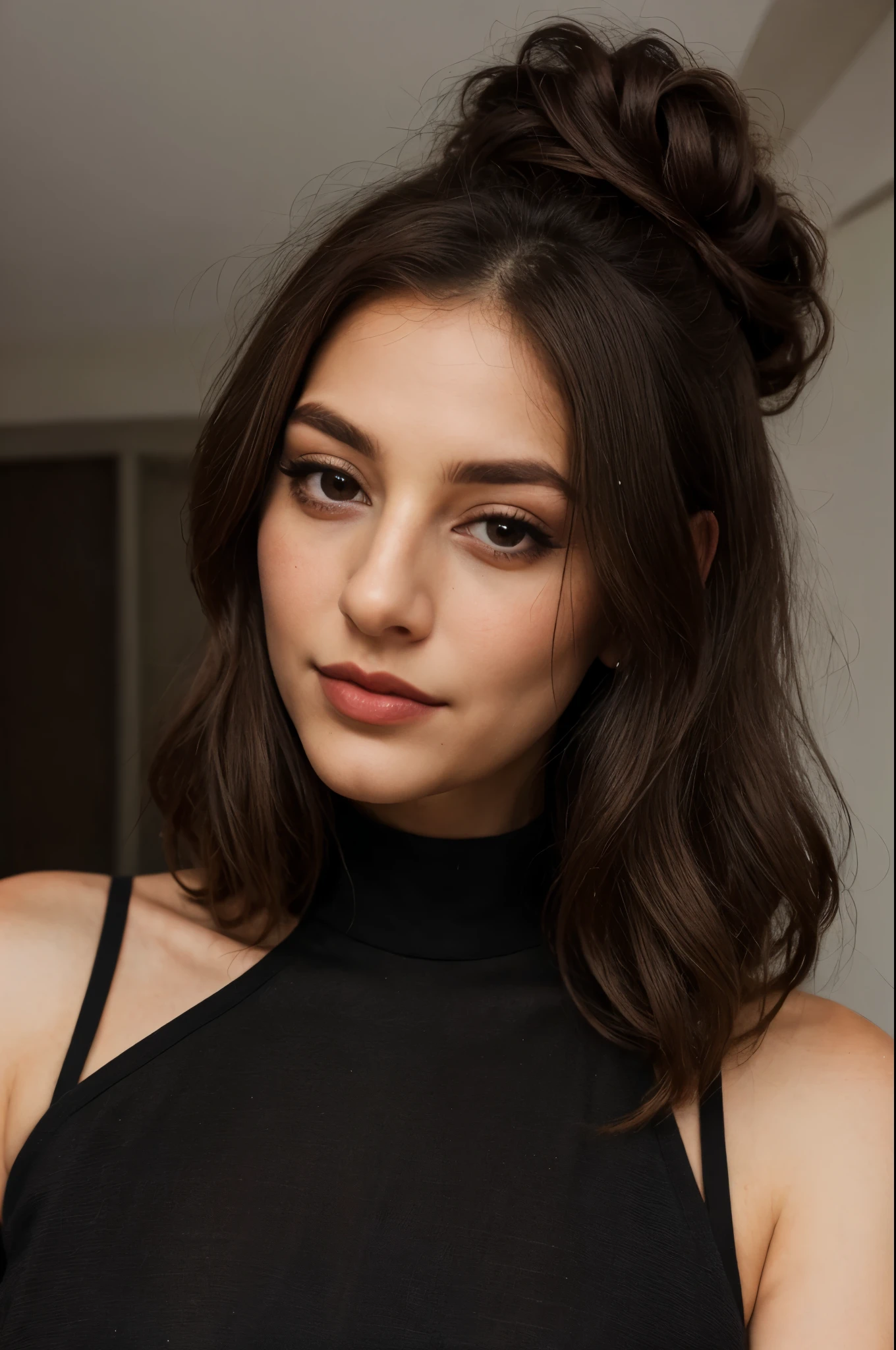 Visage de femme magnifique , Elegant , with dark brown hair in a bun , des yeux noir , looking at the camera lens, a thin, curved nose and pretty luscious lips , thick eyebrows, black and well shaved
