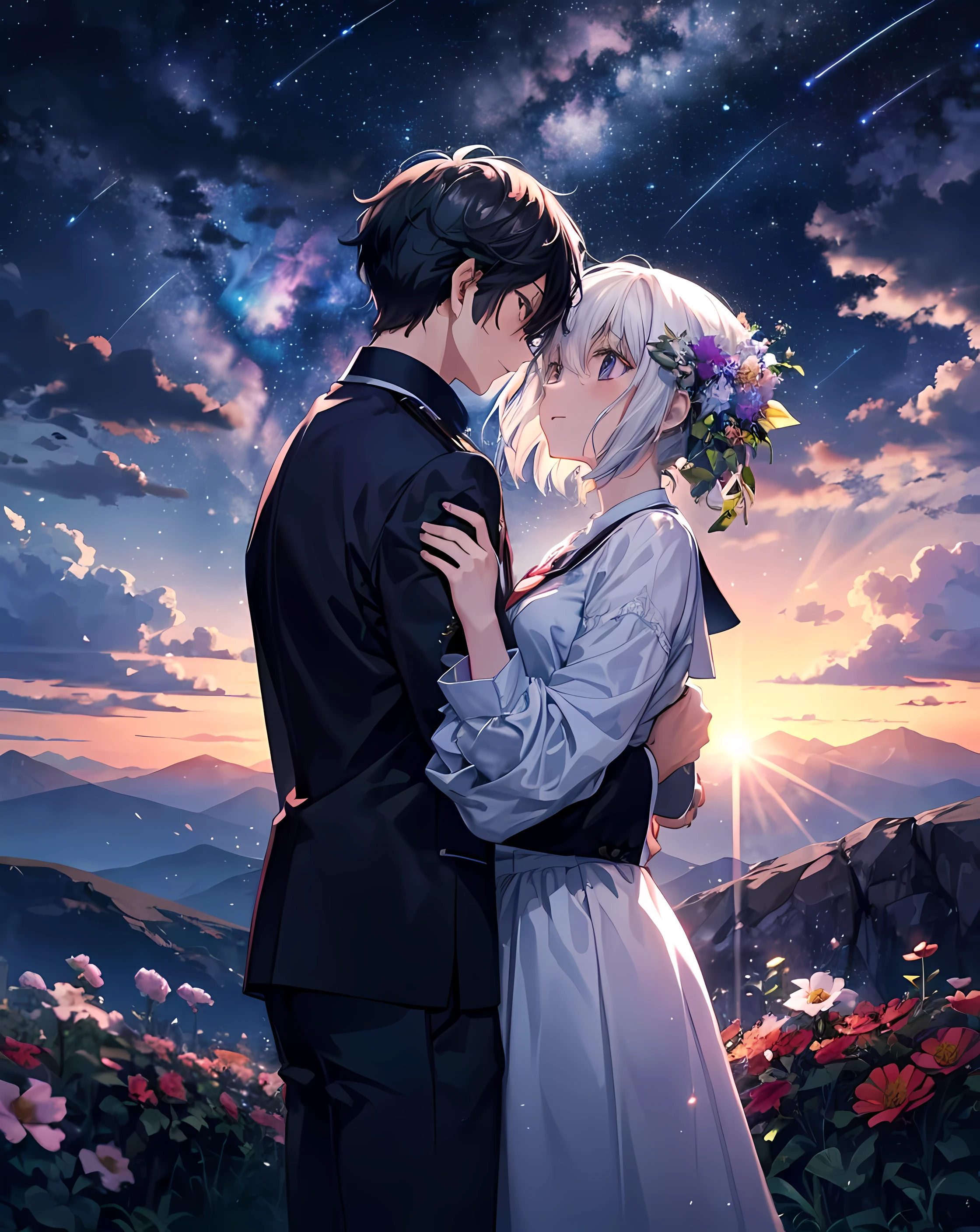 1girl, solo, ((masterpiece)), ((best quality)), there was a couple standing in the school yard watching the sky, there was a meteor shower in the sky, anime style.

Envision an enchanting anime-style scene where a couple stands hand in hand in the schoolyard, their eyes gazing upward, captivated by the celestial spectacle unfolding above.
The couple is depicted with expressive features and delicate details, their emotions conveyed through their body language and the tender connection they share.
Above them, the night sky is alight with a mesmerizing meteor shower, as streaks of light traverse the heavens, painting the darkness with a celestial dance.
Each shooting star is meticulously animated, leaving a luminous trail behind, creating a sense of movement and awe that fills the scene with wonder.
The anime-style aesthetics infuse the artwork with a touch of magic, as the couple becomes immersed in the beauty and mystery of the meteor shower.
The schoolyard itself is depicted with attention to detail, with lush greenery, blooming flowers, and the soft glow of streetlights casting a warm ambiance.
The colors of the night sky and the meteor trails range from deep blues and purples to vibrant pinks and golds, creating a visually striking and dreamlike atmosphere.
The couple's expressions reflect a sense of awe and joy, their eyes sparkling with wonder as they witness the celestial spectacle, lost in the moment together.
This anime-style artwork transports viewers into a world where the beauty of nature intertwines with the magic of human connection, reminding us of the simple but profound moments that can be shared with loved ones.
Through the medium of anime, the scene captures the essence of the meteor shower, infusing it with emotion, storytelling, and a touch of whimsy that invites viewers to experience the awe-inspiring wonder of the universe alongside the couple.