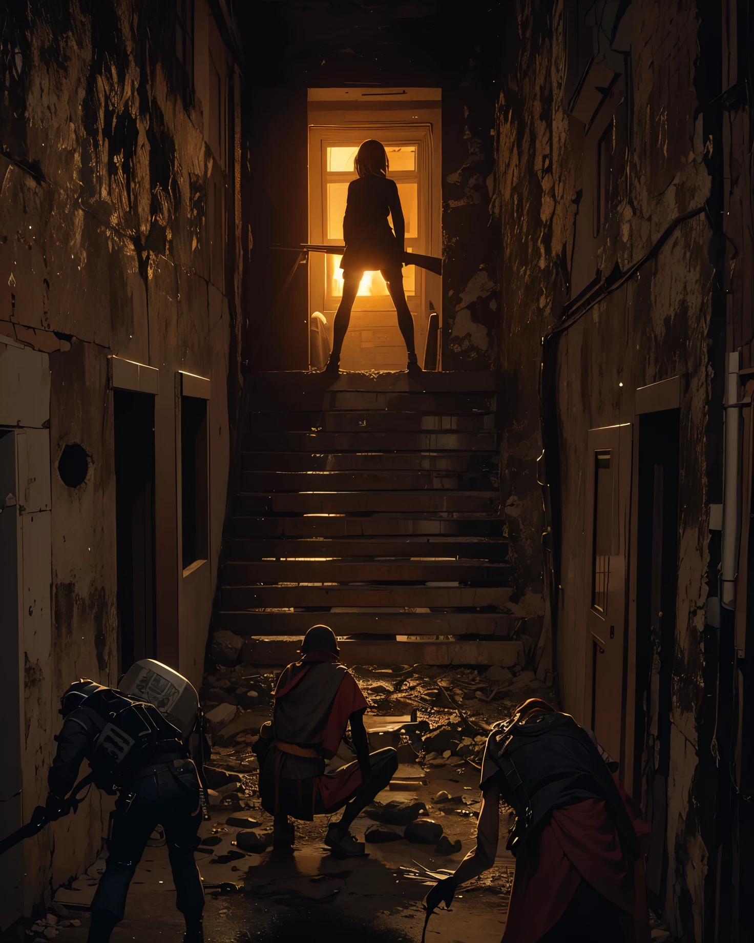 going down a corridor where there are monsters, Garota, monstros, colorido , sunset , sombra corretor, darkness