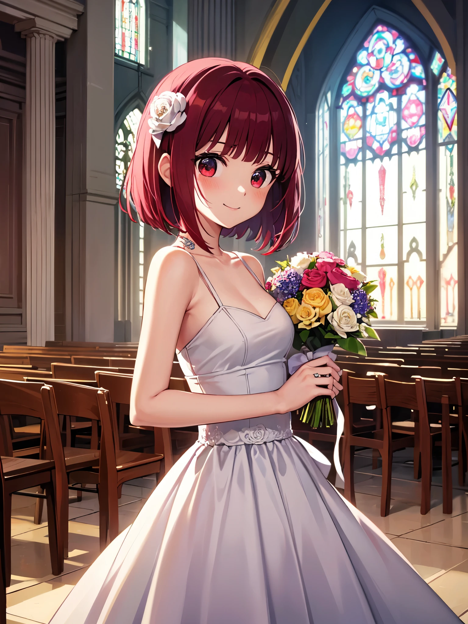 Kana Arima, Arima maybe, bob cut, (red eyes:1.5), redhead, short hair,
break indoors, church,
break (masterpiece:1.2), highest quality, High resolution, unity 8k wallpaper, (figure:0.8), (beautiful and fine eyes:1.6), highly detailed face, perfect lighting, Very detailed CG, (perfect hands, perfect anatomy), ,1 girl, alone, hair flower, wedding d again ss, Holding a bouquet of flowers in your hands, Chacha, smile, church, white bridal veil, Wedding dress