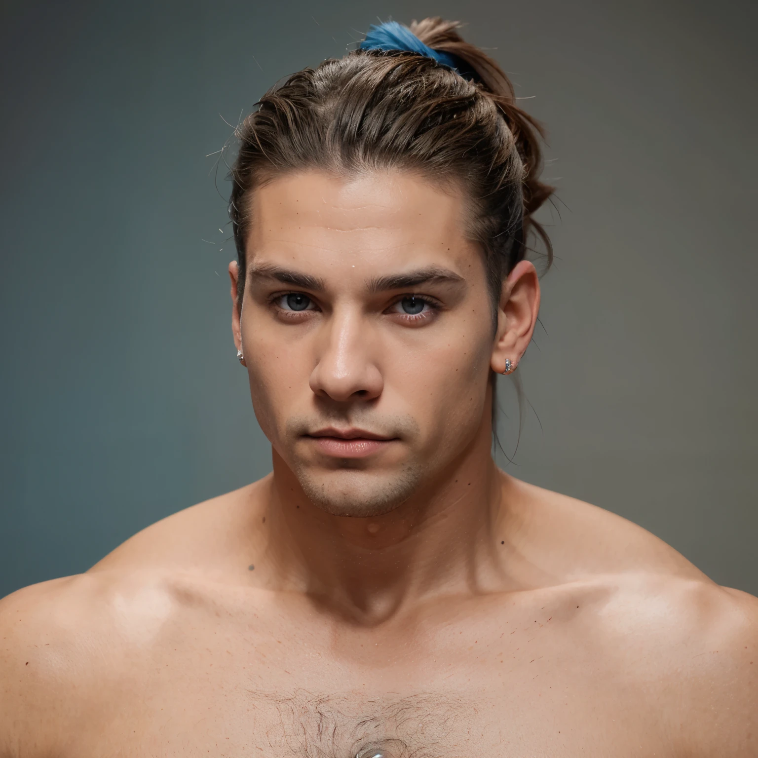 Long hair up to the ears with a shaved cut on the left side,ojos color gris con un poco de azul , gallardo,attractive caucasian ethnicity measurement 1.78,70 kilos de peso ,muscular and light brown hair color ,masculino