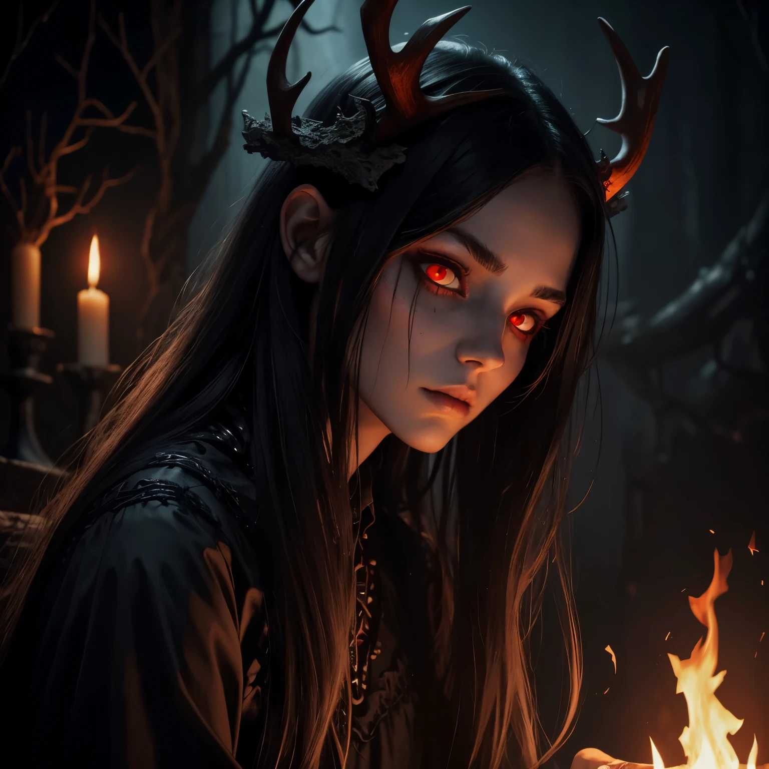 dark, unholy, evil, astral, creepy style, undead, rotting skin, mystical, nice perfect face with soft skin, young beautiful girl portrait, book on fire, burning book, night, long hair, antlers, red eyes, from side, red glow