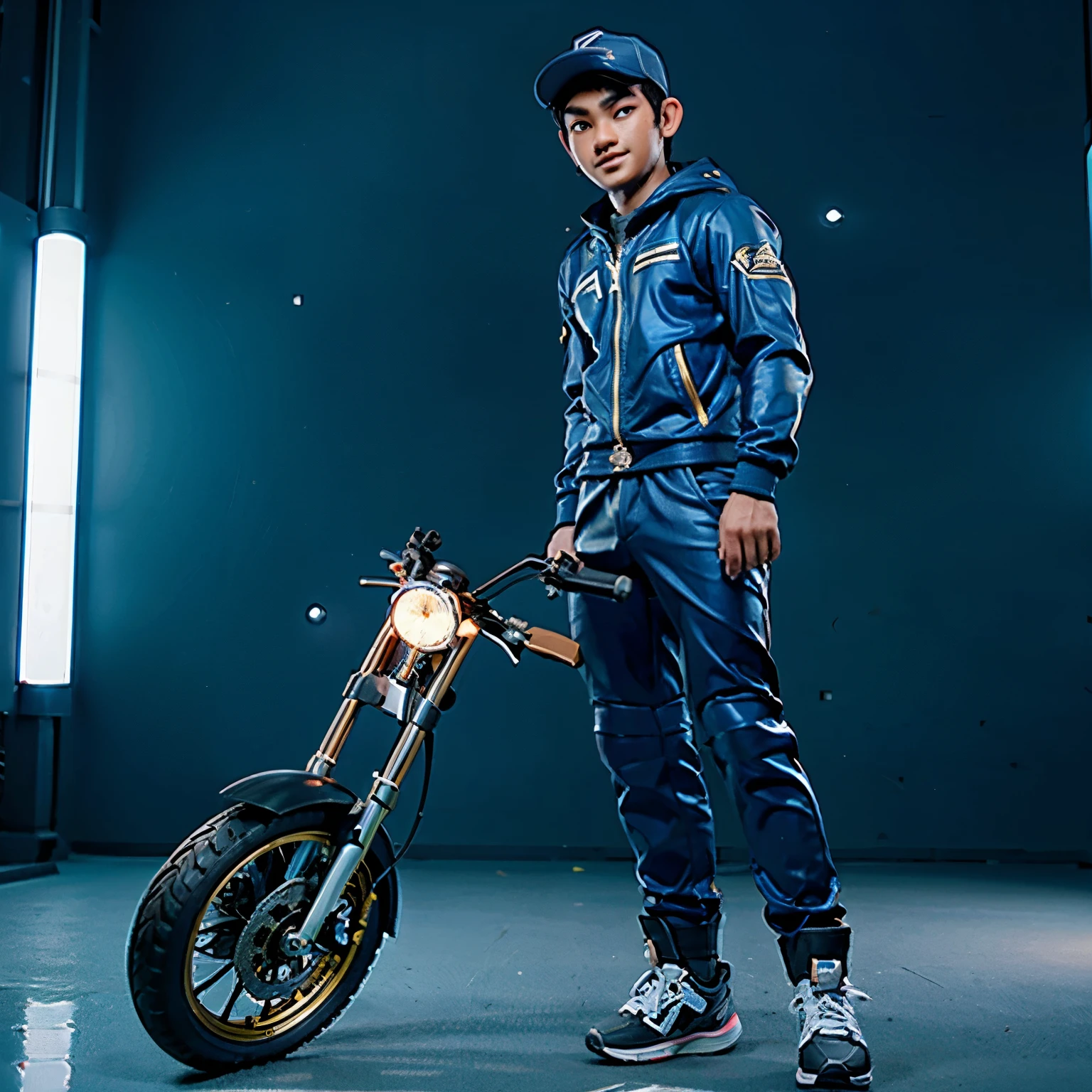 Foto 3D seorang pemuda Indonesia berambut rapi undercut  memakai kacamata dan hoodie, sedang merokok, mengendarai motor sport  Suzuki GSX Biru, ramping dan modern dengan skema warna biru hitam dan emas, memperlihatkan sisi kanannya. Sepeda motor ini memiliki ban tebal dengan pelek emas, bodi berwarna biru gelap dengan garis dan aksen emas, serta sistem suspensi rumit bercat emas, berlatar belakang jalan aspal, dengan gambar pegunungan yang realistis, detail full ultra HD