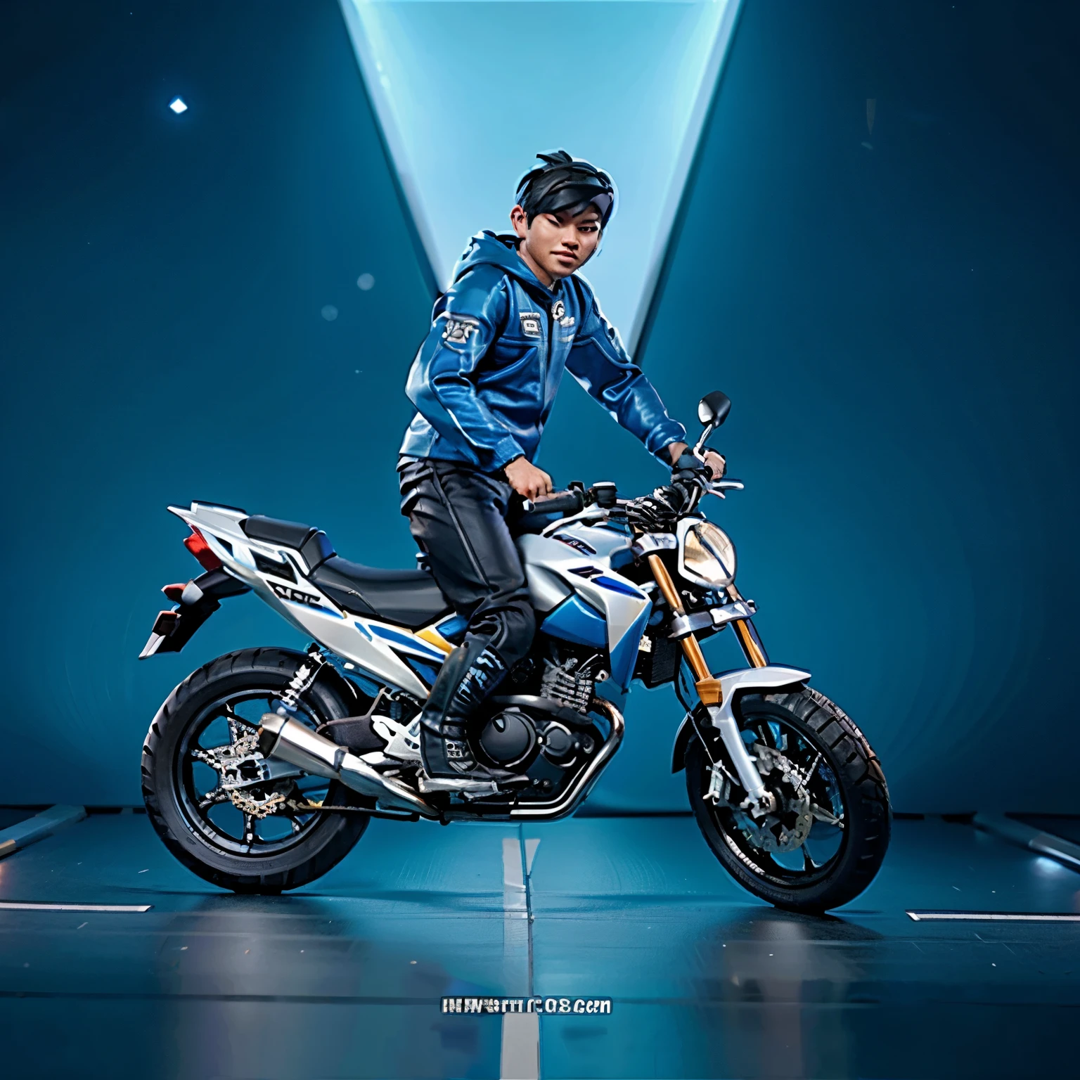 Foto 3D seorang pemuda Indonesia berambut rapi undercut  memakai kacamata dan hoodie, sedang merokok, mengendarai motor sport  Suzuki GSX Biru, ramping dan modern dengan skema warna biru hitam dan emas, memperlihatkan sisi kanannya. Sepeda motor ini memiliki ban tebal dengan pelek emas, bodi berwarna biru gelap dengan garis dan aksen emas, serta sistem suspensi rumit bercat emas, berlatar belakang jalan aspal, dengan gambar pegunungan yang realistis, detail full ultra HD