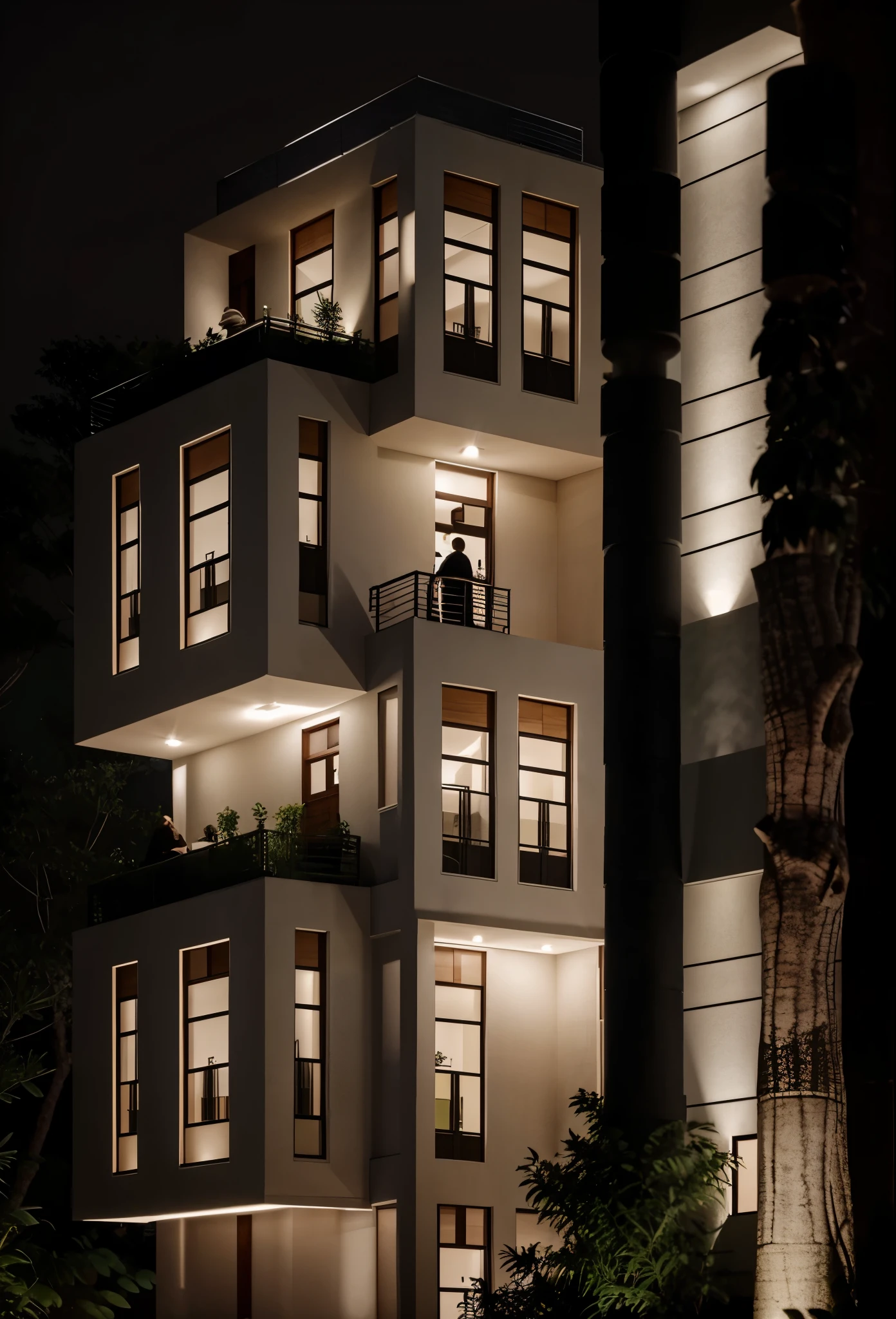 A modern construction for a house in a luxury condominium, Acabamento em concreto nas paredes, Contemporary architecture The look is beautiful with supporting pillars, Acabamento Brisa, Wooded area with trees behind the building, ultra realista, detalhes intrincados, cinematic lights, 8k