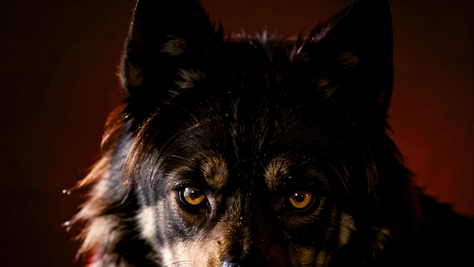 dark wolf, in light red an yellow, dark background