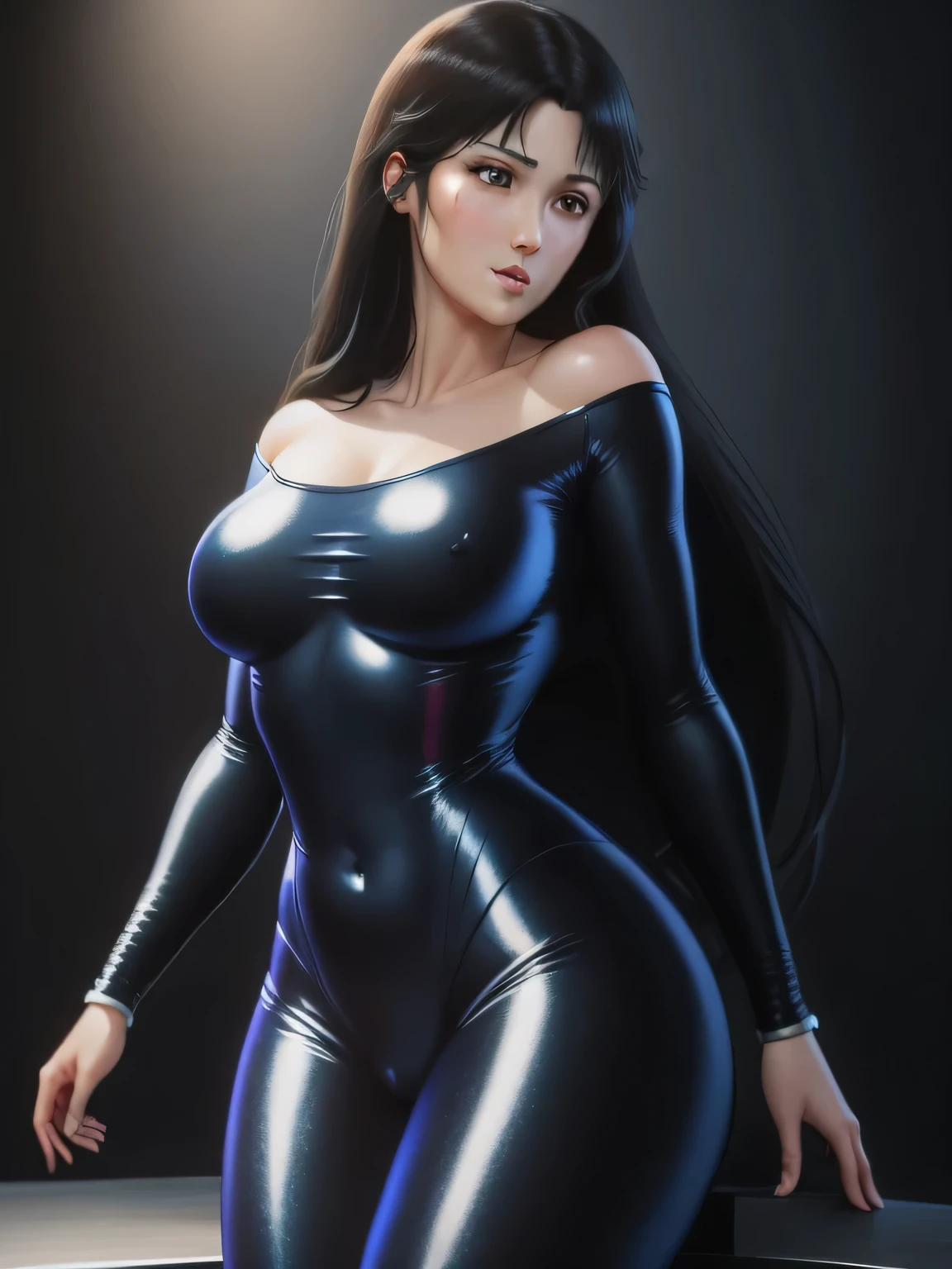 best quality, ultra detailed, realistic, Hitomi Kisugi, 1 girl, beautiful girl, long black hair, beautiful detailed eyes, beautiful detailed lips, eyelashes, gorgeous brown eyes, blue bodysuit, off the shoulder, vibrant colors, HDR, studio lighting, sharp focus, in attack position,