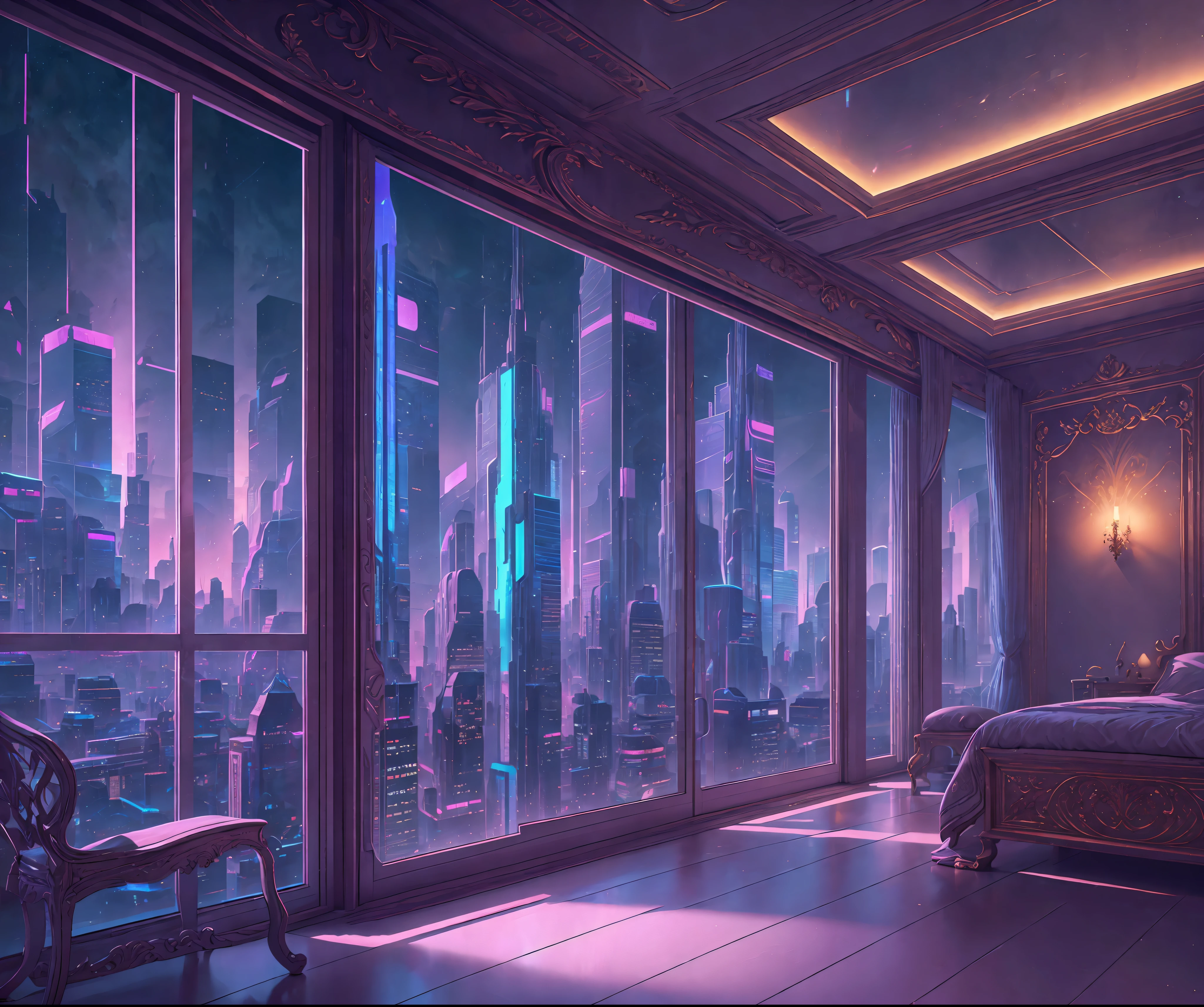 ((obra de arte)), (ultra-detalhado), (detalhes intrincados), (arte CGI de alta Resolution 8k), Esta obra enfatiza o contraste entre passado e futuro. Create a picture of a 17th century women's boudoir at night. The furniture should be antique, pesado, carved solid wood. The walls have simple and elegant silk wallpaper in (cores suaves) and the fabrics in the room are embroidered French silk. O interior do quarto deve ser acolhedor e elegante, com simples, Old castle vibes and ambient lighting. The interior of the boudoir should not have saturated colors. Uma das paredes do boudoir apresenta uma grande janela. A futuristic cyberpunk 2077 city is visible through the window. ((it's night.)) The city is ultra detailed with glowing neon signs, multiple sizes of buildings and windows, e alto interesse visual e profundidade de campo. The city has a neon and synthwave aesthetic combined with touches of ethereal fantasy in the unreal CGI unit location style with details from Artstation and Midjourney. O interior do boudoir deve ser suavemente iluminado com luzes da cidade cyberpunk neon. The sky should be a highly intricate galaxy background with aurora borealis. Camera: (A janela deve ser o ponto focal.) Resolution: Esta é uma imagem de altíssima Resolution. Pay special attention to enhancing small details and maintaining a pleasing aura.