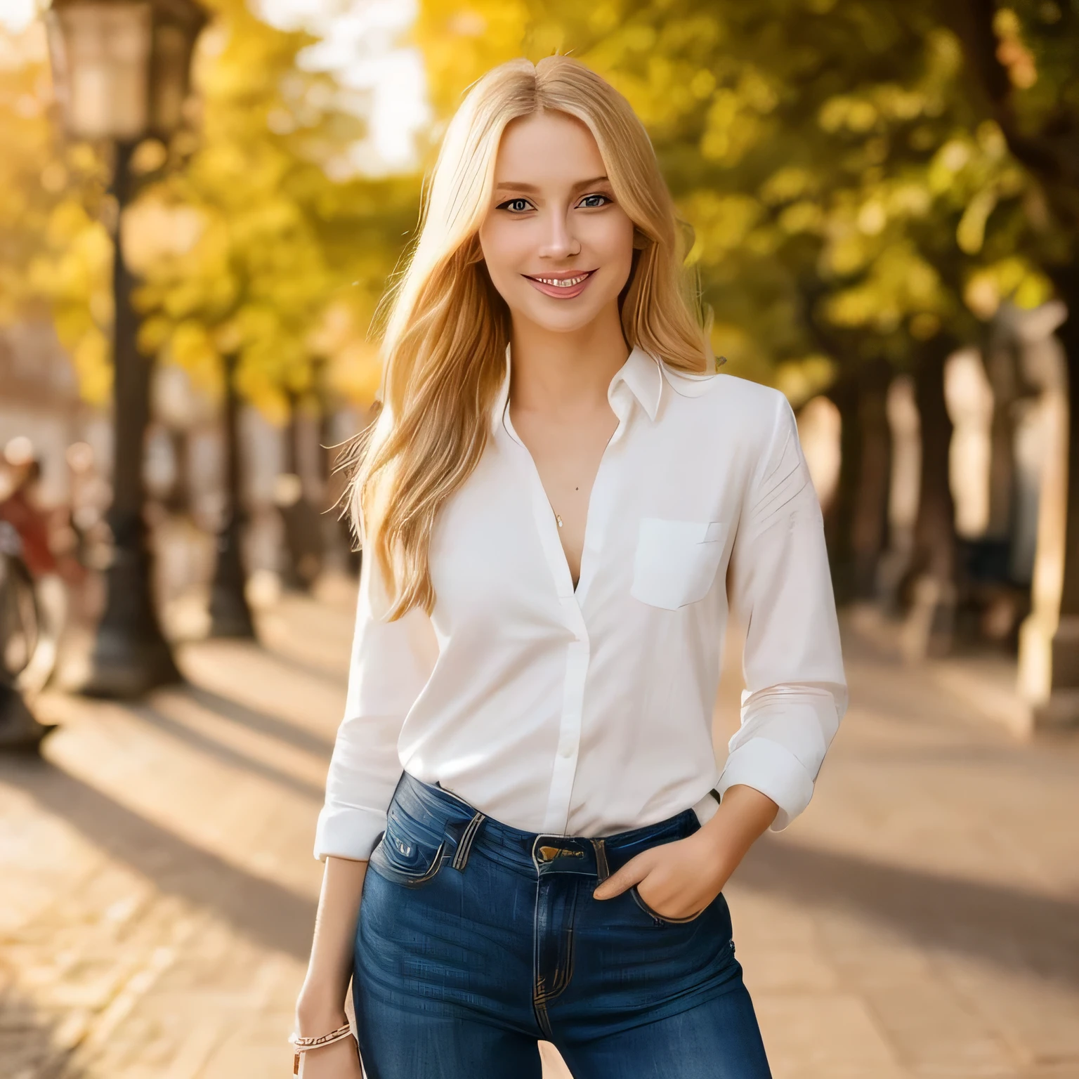 A 30-year-old woman with blonde hair with a big belly in a tight denim skirt in high heels and a white long-sleeved shirt on a walk