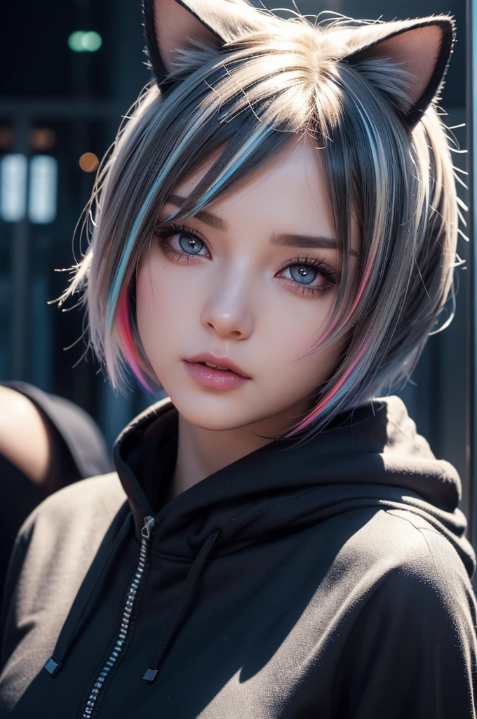 girl, very short hair, hood up, wide eyes, longeyelashes, multicolored eyes, color contact lenses, cat ears, crazy, naughty, modern, Hyperrealism, depth of field, cinematic lighting, backlighting, close-up, UHD, masterpiece, super detail, highres, 8k