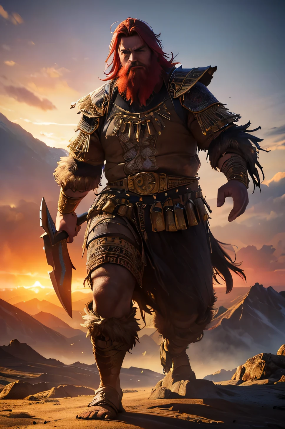 Image of a biblical character, Homem de 35 anos, Ruivo, barbudo, wild appearance, corpo todo ((wearing prehistoric clothes, feito de pele de animal)), lighting coming from the clouds towards you, ((ambiente com montanhas, animais, Prehistoric time)), (Professional 3D rendering: 1.3)(realista: 1.3) ((Luzes em segundo plano, ambiente majestoso)), ((8k corpo todo unit rendering)), rosto detalhado, (vibrante, Photorealista, realista, dramatic, escuro, sharp focus, 8k), (Intricado: 1.4), Deteriorado, (altamente detalhado: 1.4), pintura digital, Octane rendering, art stations, arte conceitual, Focus on smooth, crisp illustrations ( global illumination, studio light, volumetric light)