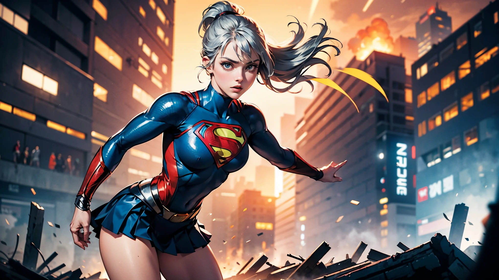 1girl, solo, action shots of female, blonde hair in a ponytail, ((wearing a skimpy revealing black and silver version of the evil superman suit man of steel)), pleated skirt, no pants, pleated skirt blowing in the wind revealing visible vagina,
small breasts, boob window, (explosions in the background a city in ruins), Style-BladeRunner2049-8v Intricate, High Detail, Sharp focus, dramatic,