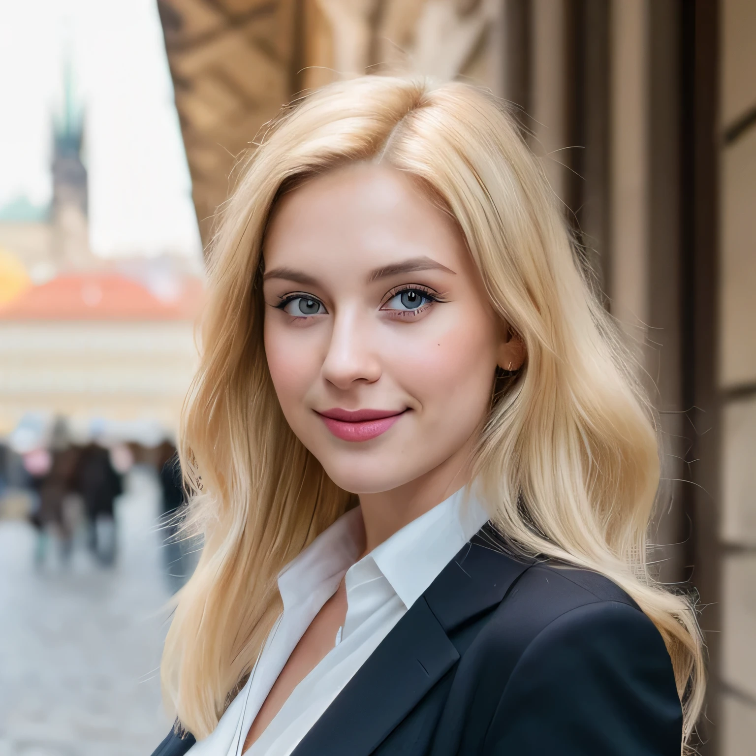 /imagine Hyper-realistic photo of a 24-year-old blonde woman in business attire, posing on a lively Prague street. Capture the city's energy with a crowd in the background. Use a Canon EOS 5D Mark IV, 50mm f/1.4 lens, and natural lighting for sharp details. Aim for a medium format film vibe like Fujifilm GFX 50R with Kodak Portra 160, aperture set at f/2.8 for a stunning, hyper-realistic portrait.