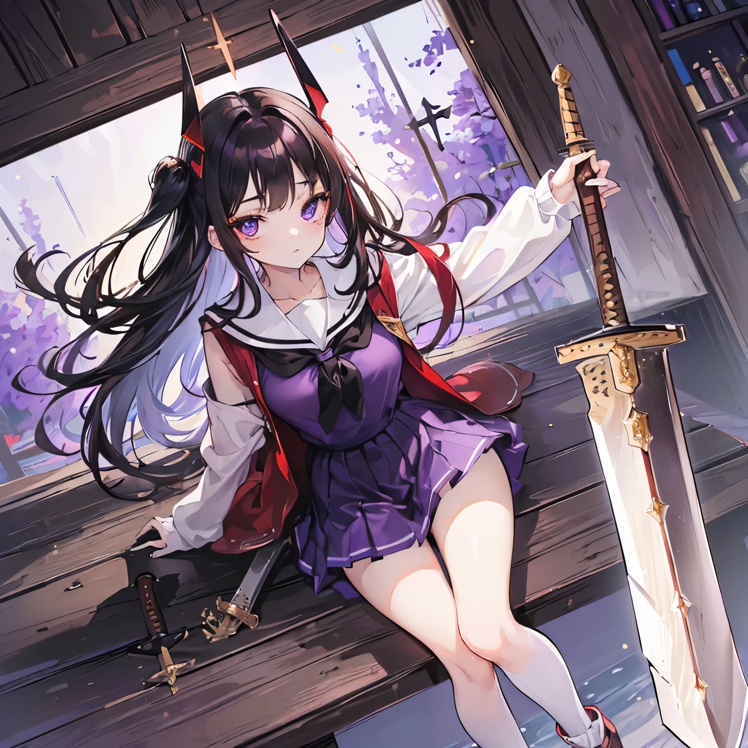 best quality, 32k, RAW photo, incredibly absurdres, extremely detailed, delicate texture, (chibi, super deformed, full body), 18 years old expressionless beauty, (wearing red, white and gold magic school uniform, brown miniskirt, brown knee-high socks:1.3), thighs, slender, (wooden sword:1.7), (glossy black medium straight hair, black-purple big eyes:1.4), a sinister aura of purple, red, and black, background church cathedral