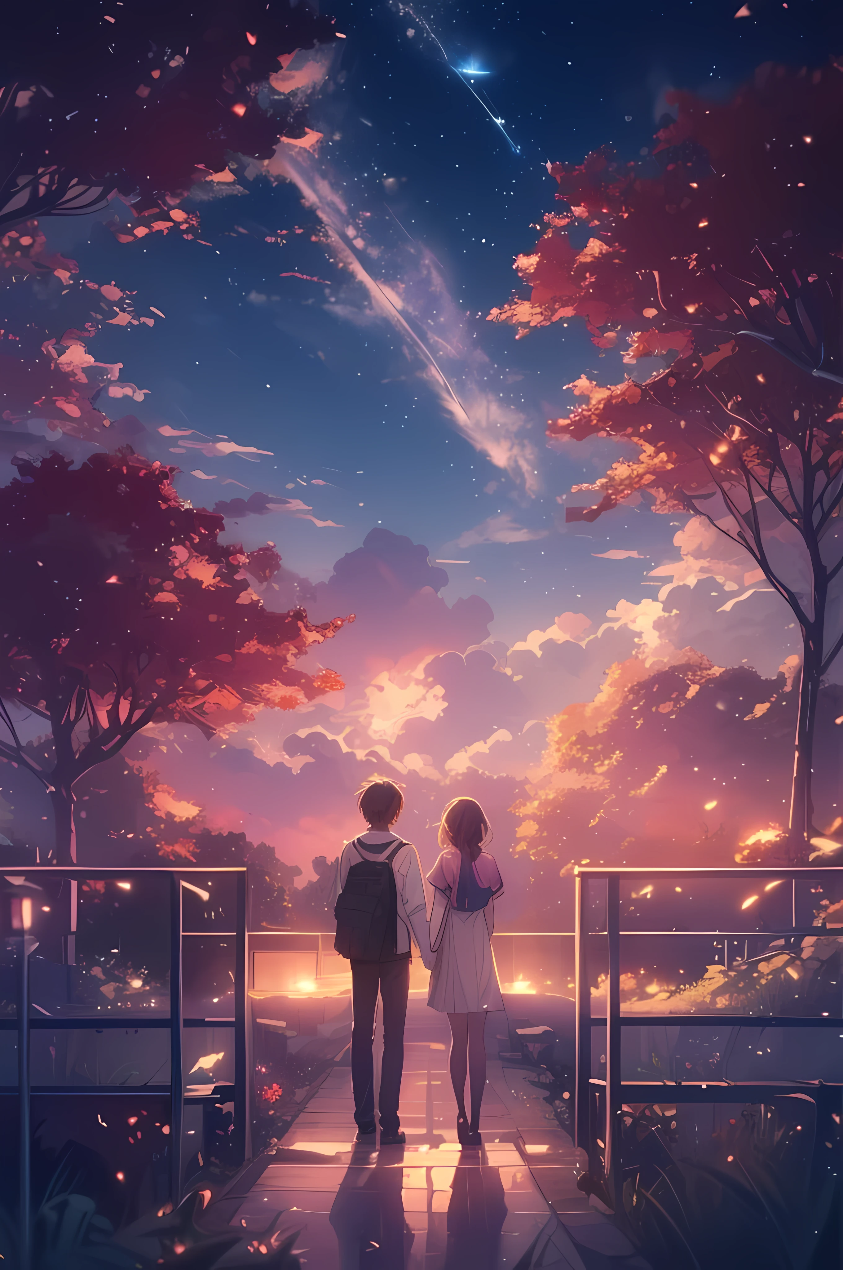 ((masterpiece)), ((best quality)), there was a couple standing in the school yard watching the sky, there was a meteor shower in the sky, anime style. Envision an enchanting anime-style scene where a couple stands hand in hand in the schoolyard, their eyes gazing upward, captivated by the celestial spectacle unfolding above. The couple is depicted with expressive features and delicate details, their emotions conveyed through their body language and the tender connection they share. Above them, the night sky is alight with a mesmerizing meteor shower, as streaks of light traverse the heavens, painting the darkness with a celestial dance. Each shooting star is meticulously animated, leaving a luminous trail behind, creating a sense of movement and awe that fills the scene with wonder. The anime-style aesthetics infuse the artwork with a touch of magic, as the couple becomes immersed in the beauty and mystery of the meteor shower. The schoolyard itself is depicted with attention to detail, with lush greenery, blooming flowers, and the soft glow of streetlights casting a warm ambiance. The colors of the night sky and the meteor trails range from deep blues and purples to vibrant pinks and golds, creating a visually striking and dreamlike atmosphere. The couple's expressions reflect a sense of awe and joy, their eyes sparkling with wonder as they witness the celestial spectacle, lost in the moment together. This anime-style artwork transports viewers into a world where the beauty of nature intertwines with the magic of human connection, reminding us of the simple but profound moments that can be shared with loved ones. Through the medium of anime, the scene captures the essence of the meteor shower, infusing it with emotion, storytelling, and a touch of whimsy that invites viewers to experience the awe-inspiring wonder of the universe alongside the couple.