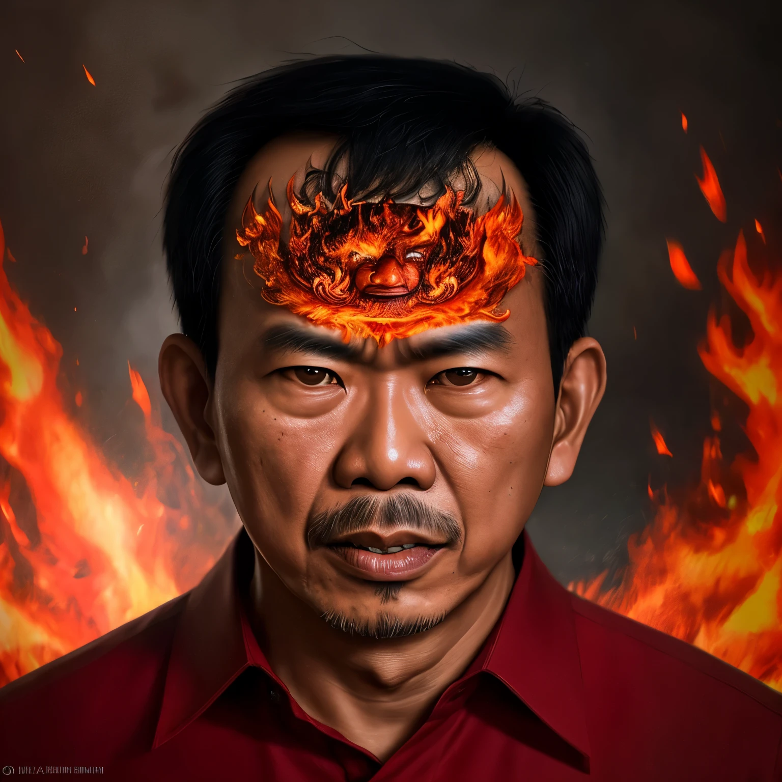 A man from Indonesia, recognized as AHOK, incites a massive uproar, within the flames, the visage of President Jokowi of Indonesia is vividly depicted, intricately detailed, cinematic in scope, 8k resolution, tranquil, captivating photography, ultra high definition.