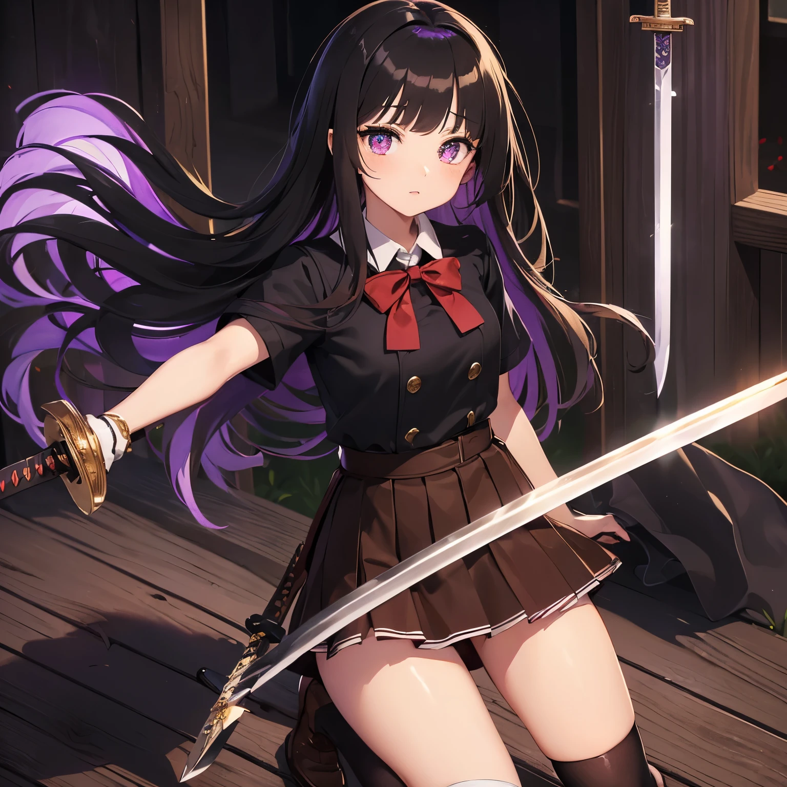 best quality, 32k, RAW photo, incredibly absurdres, extremely detailed, delicate texture, (chibi, super deformed, full body), 18 years old expressionless beauty, (wearing red, white and gold magic school uniform, brown miniskirt, brown knee-high socks:1.3), thighs, slender, (wooden sword:1.7), (glossy black medium straight hair, black-purple big eyes:1.4), a sinister aura of purple, red, and black, background church cathedral