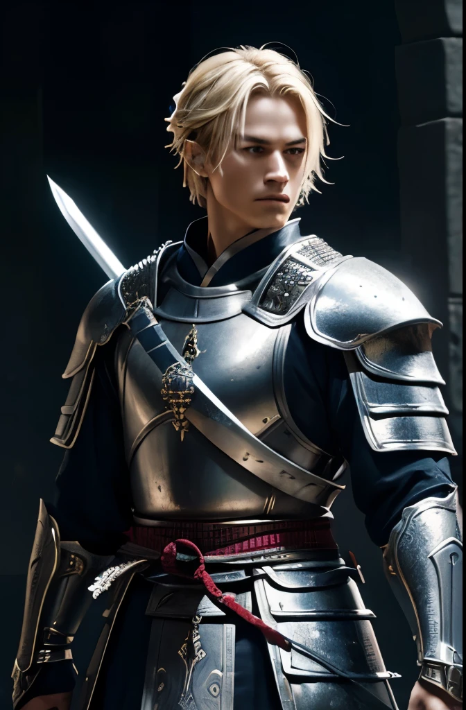 a warrior walking towards the viewer with platinum armor, his sword in a sheath resting on his back, looking relaxed and not appearing to be fighting against you
short, tied blonde hair, blue eyes, samurai style