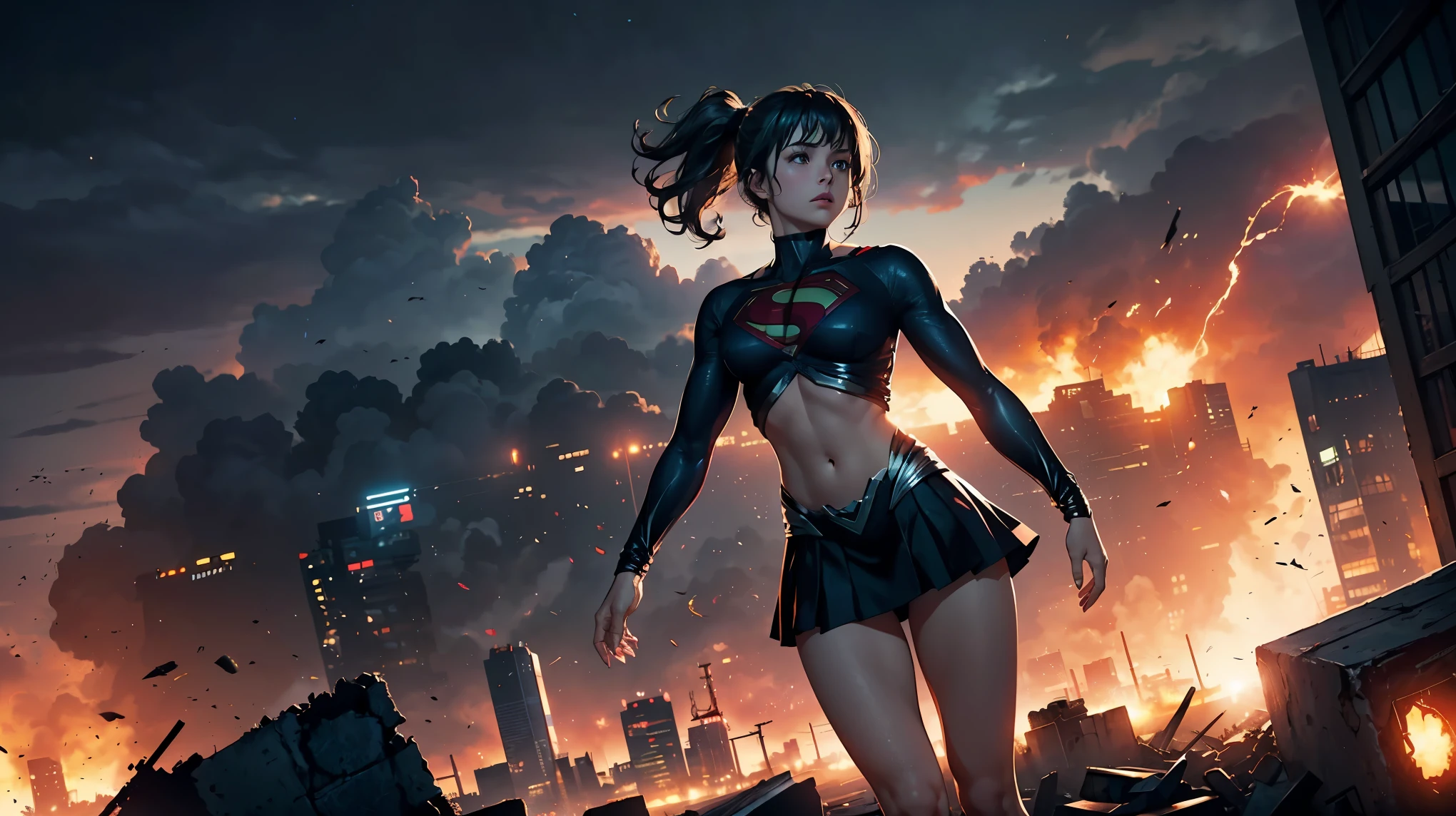 1girl, solo, action shots of female, blonde hair in a ponytail, ((wearing a skimpy revealing black and silver version of the evil superman suit man of steel)), skirt, no pants, ((skirt blowing in the wind revealing visible vagina)),
small breasts, boob window, (explosions in the background a city in ruins), Style-BladeRunner2049-8v Intricate, High Detail, Sharp focus, dramatic,