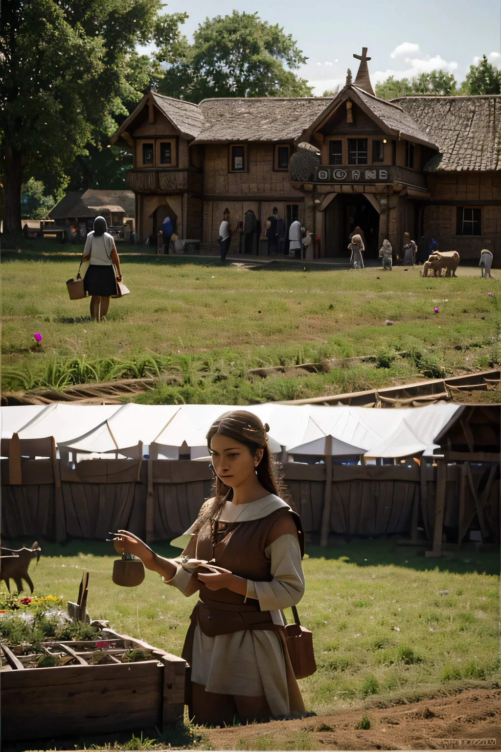 serene images of people going about their daily lives - working, comprando, Vender, plantio e colheita, at the time of Noah&#39;s ark,8k,realista,tempos medievais.