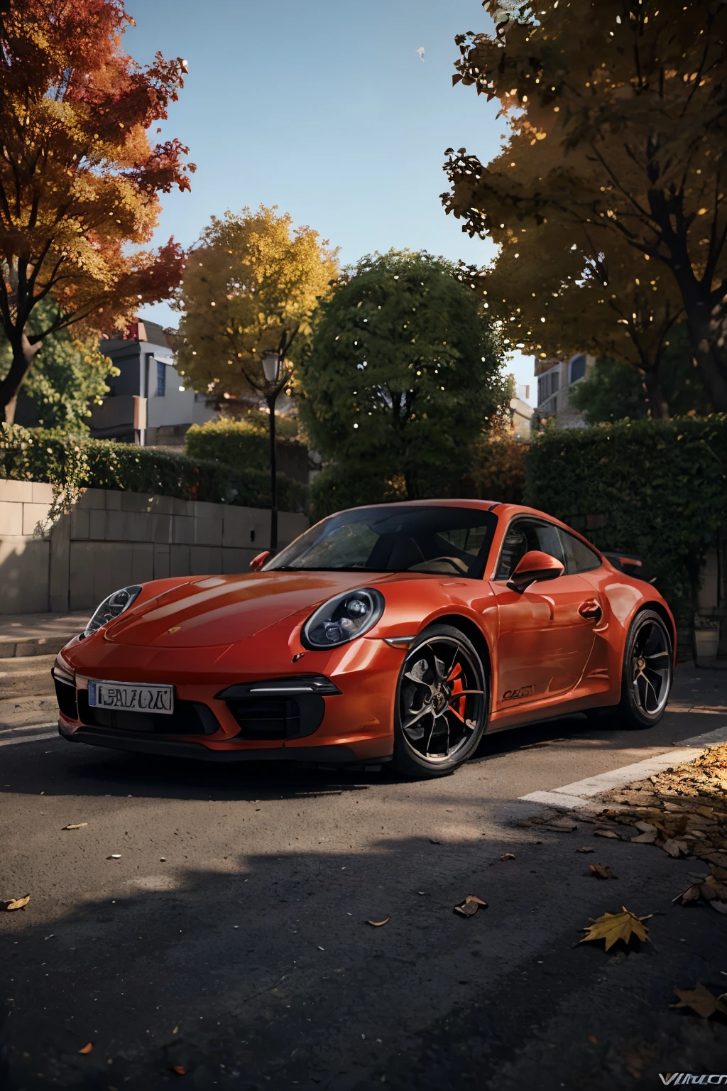 Porsche 911, red,sport car parked on a street covered with leaves in autumn in a (city:1.3), fall, global illumination, volumetric lighting, best quality, highly detailed, cgi, illustration, octane render,