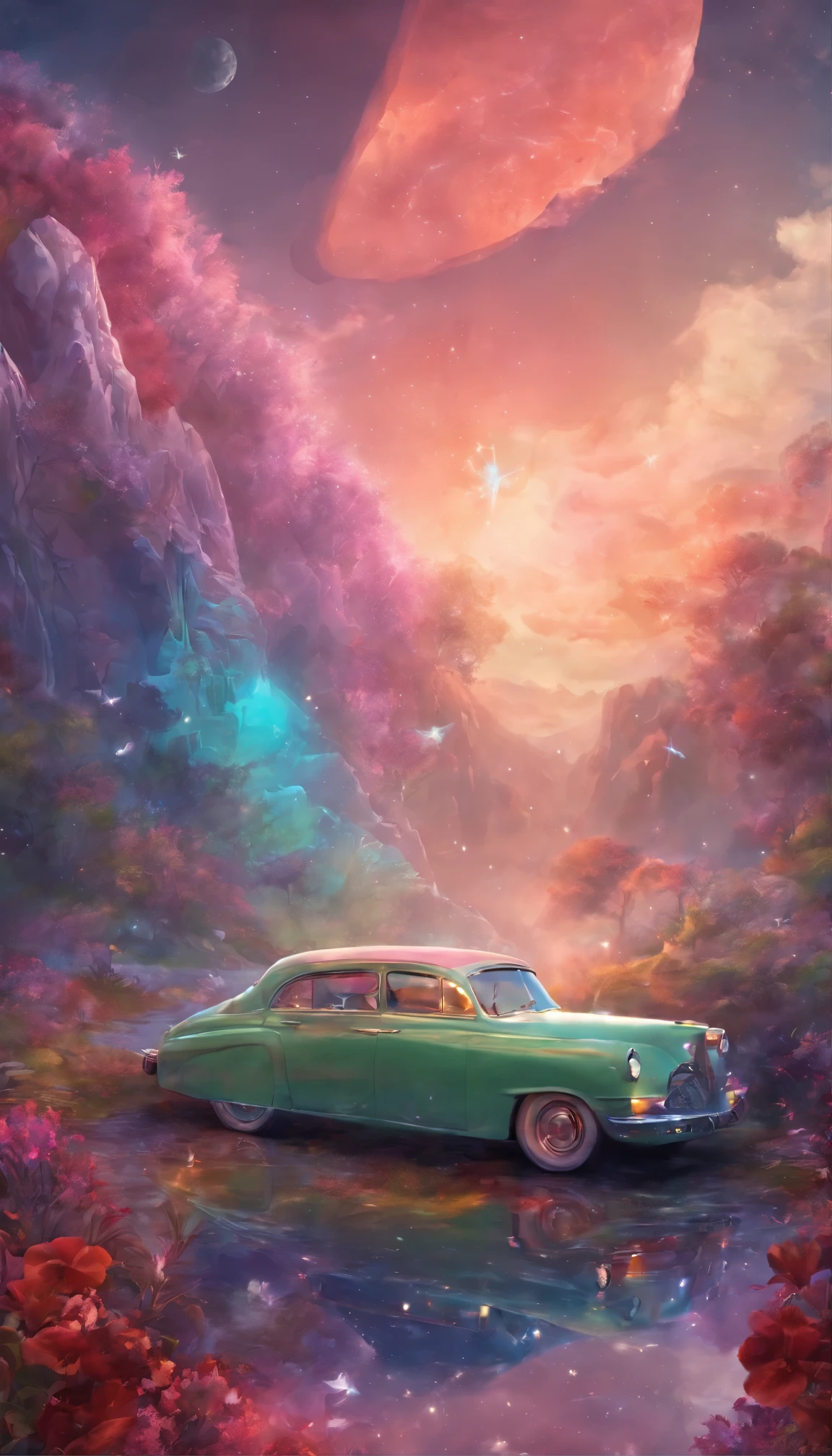 heart with an old car inside, arte de fantasia, cinema 4d, pintura fosca, Polido, colorida, Intricado, sobrenatural, ethereal, vibrante, surrealismo, surrealismo, vray, Nvdia Ray Tracing, motor de choro, magical, 4k, 8k, obra de arte, cristal,